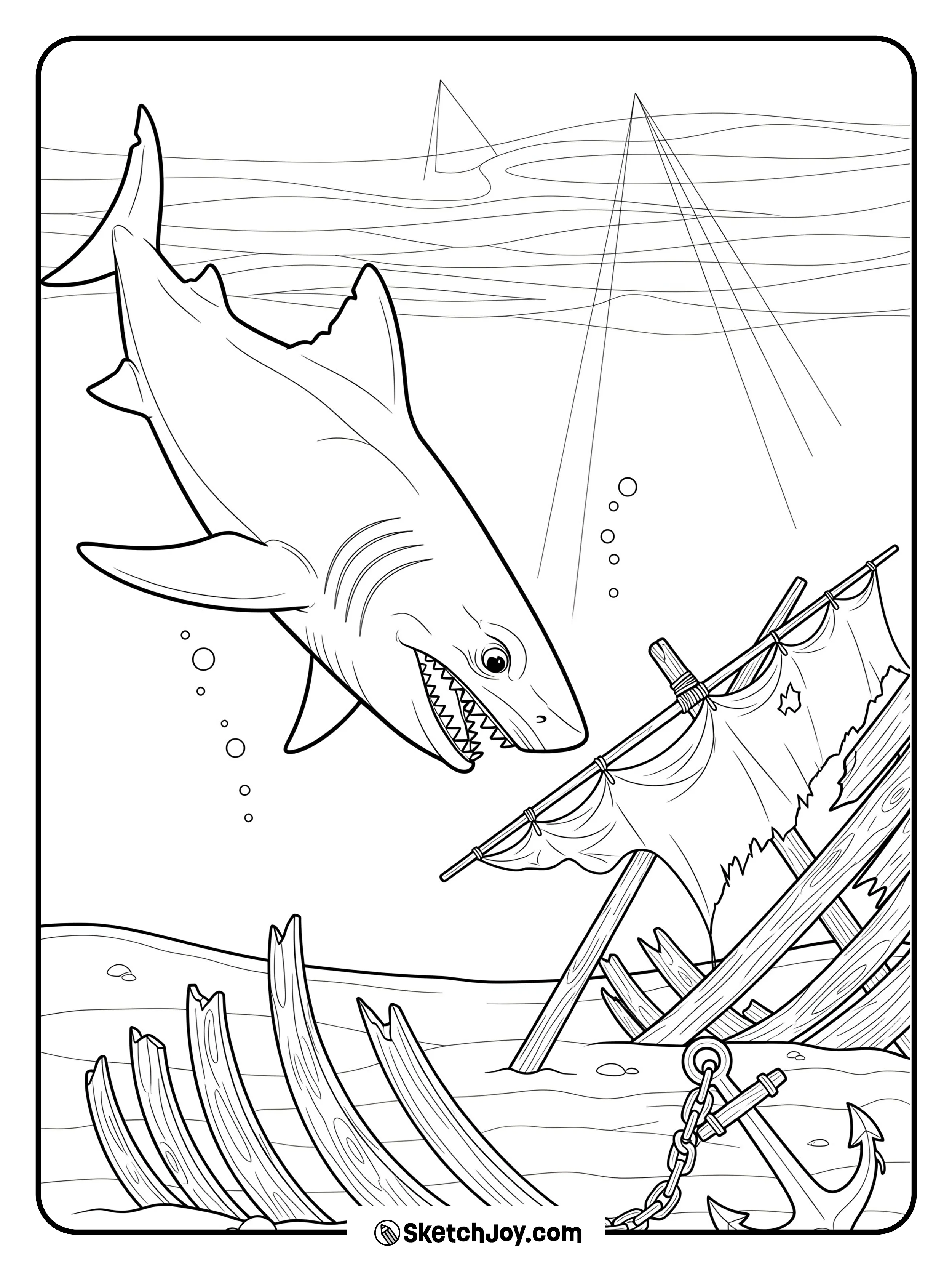 A megalodon passes above a broken mast