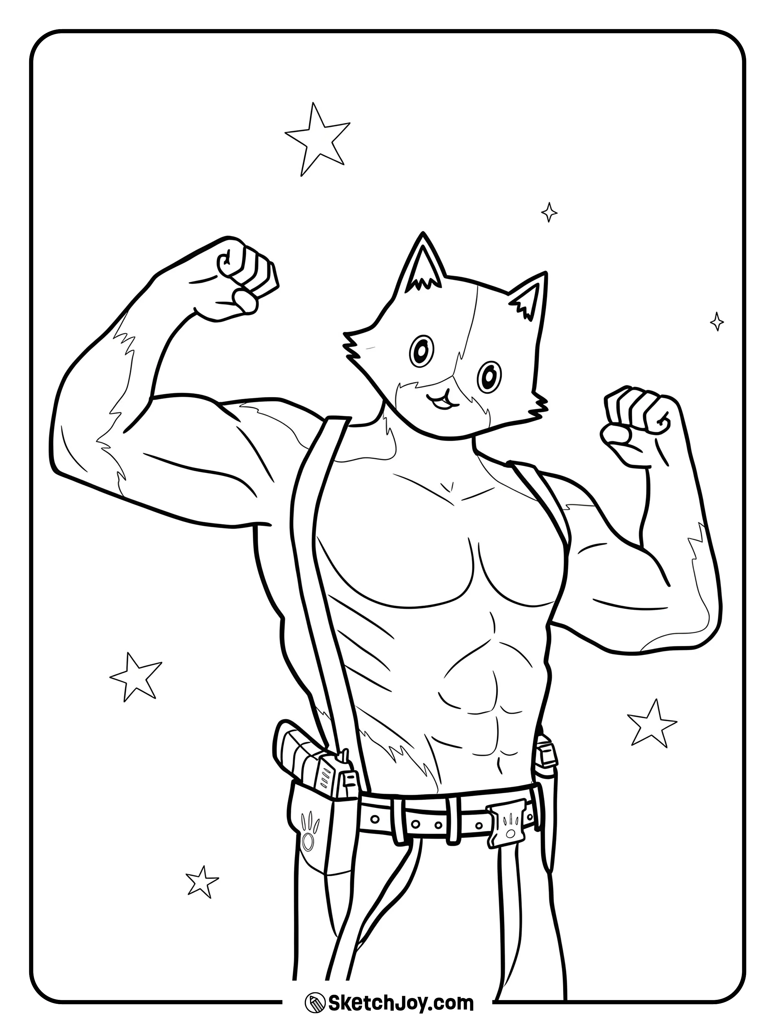 The strong and confident Meowscles shows off his muscles