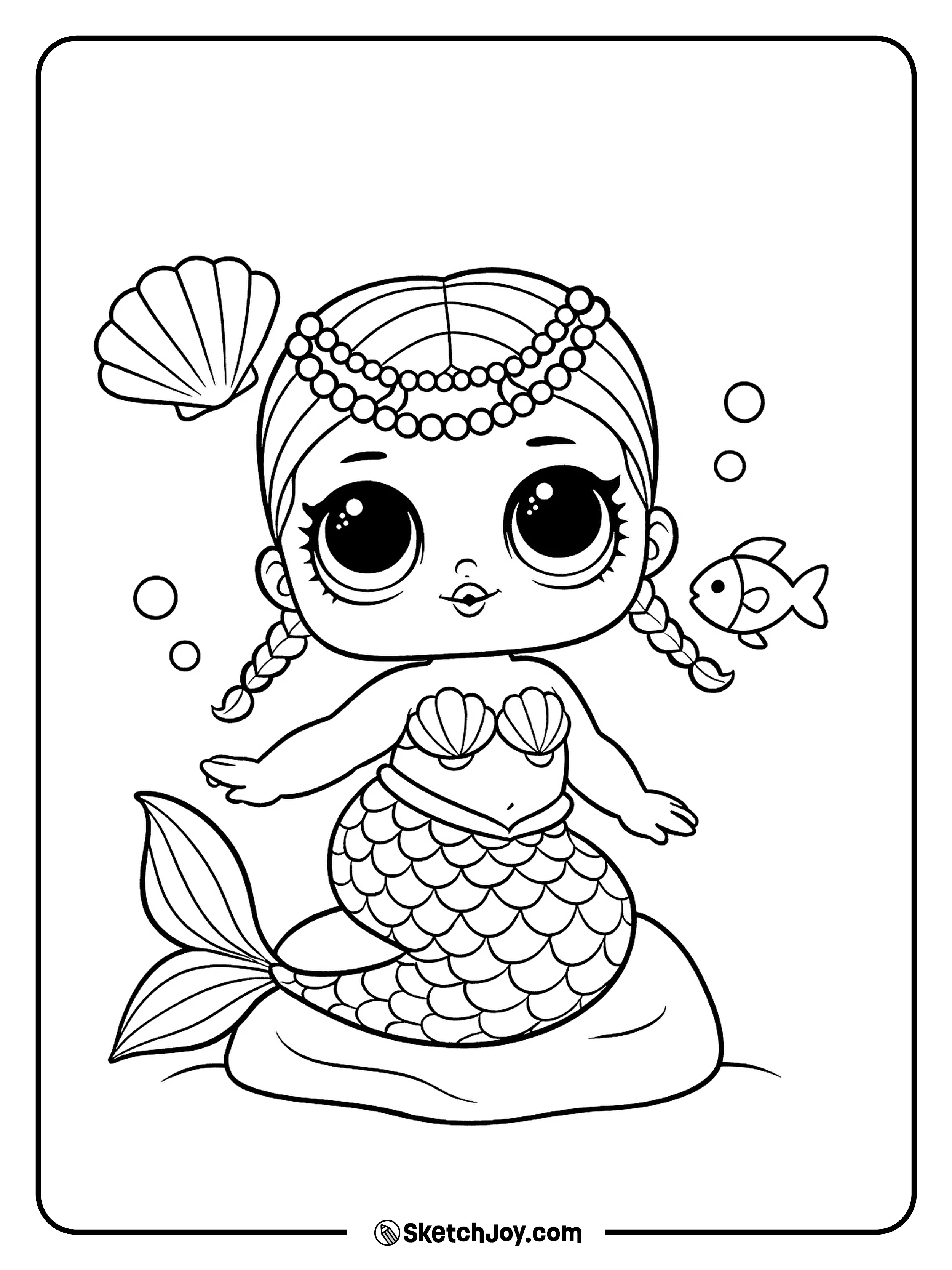 Merbaby sits on a smooth rock with a cute fishtail.