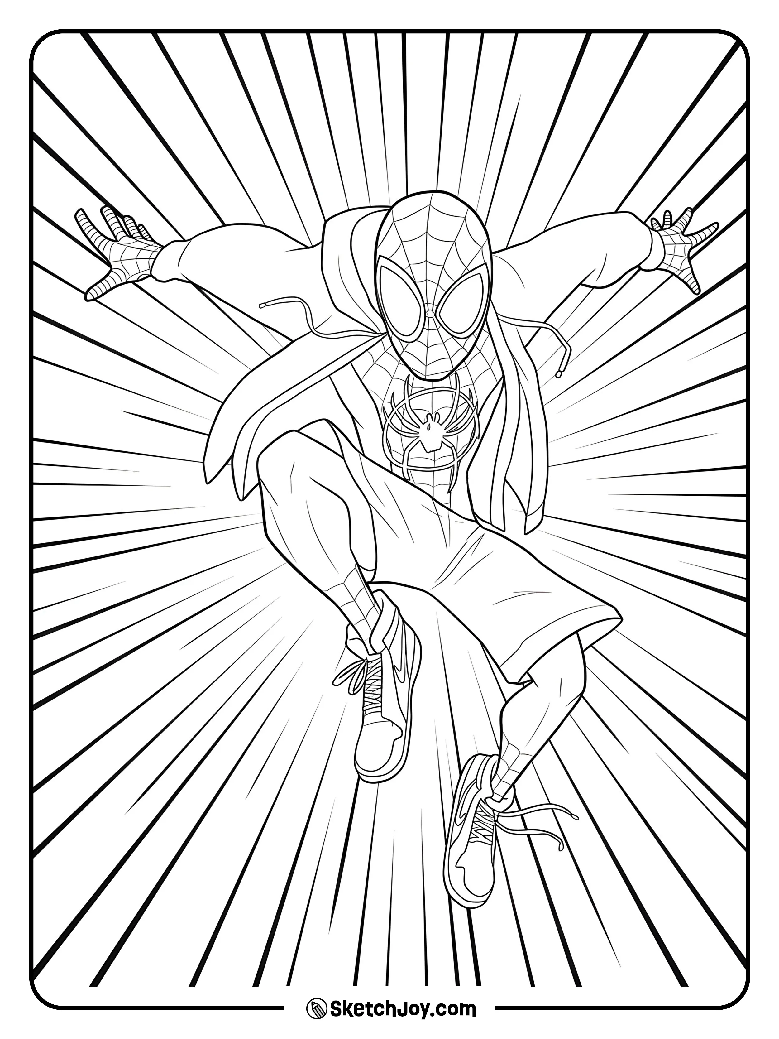 A high-energy scene of Miles Morales jumping forward with a hoodie and sneakers