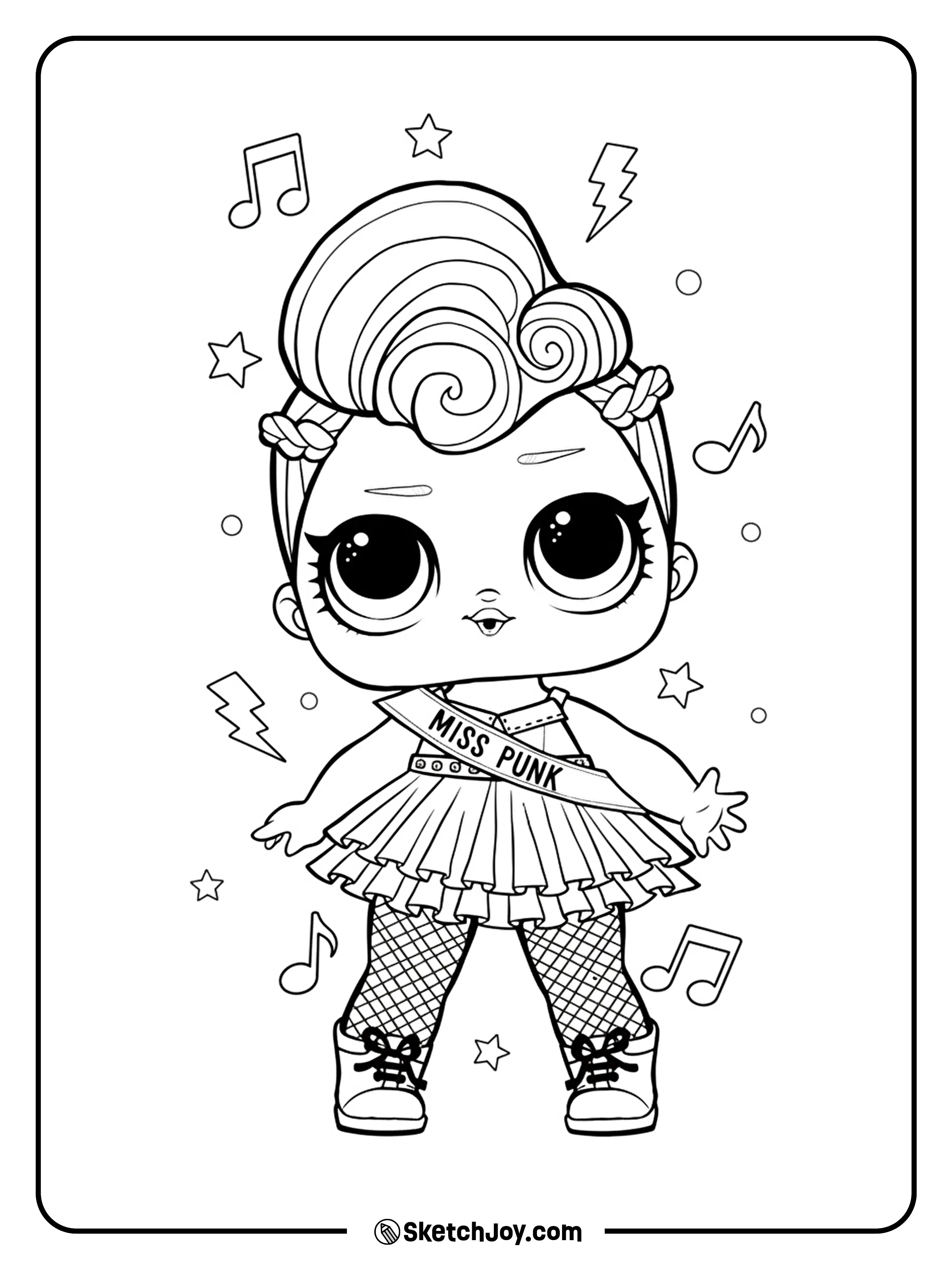 Miss Punk stands bold with a swirled pompadour