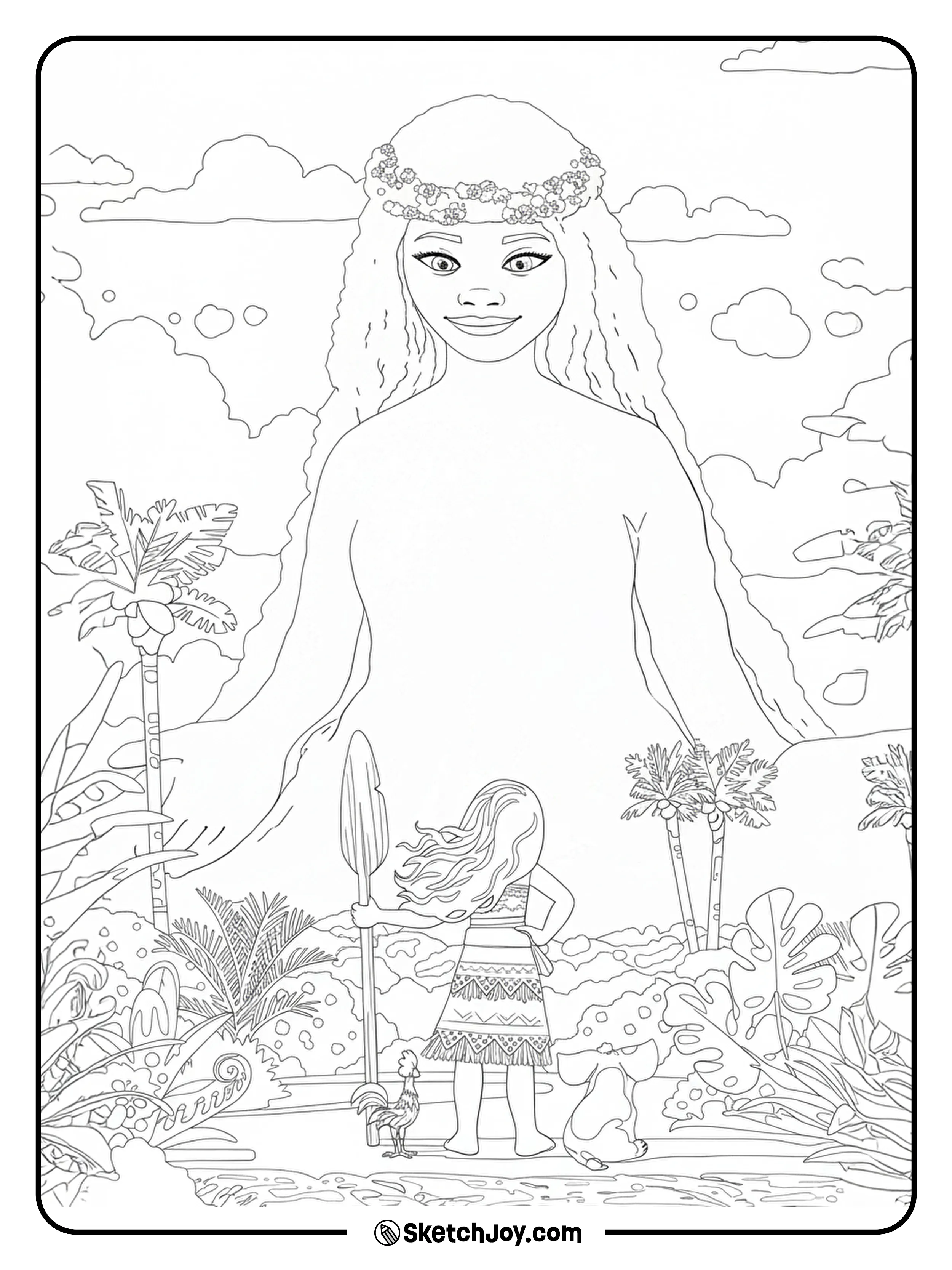 Moana stands with her oar, looking up at the gentle giant Te Fiti