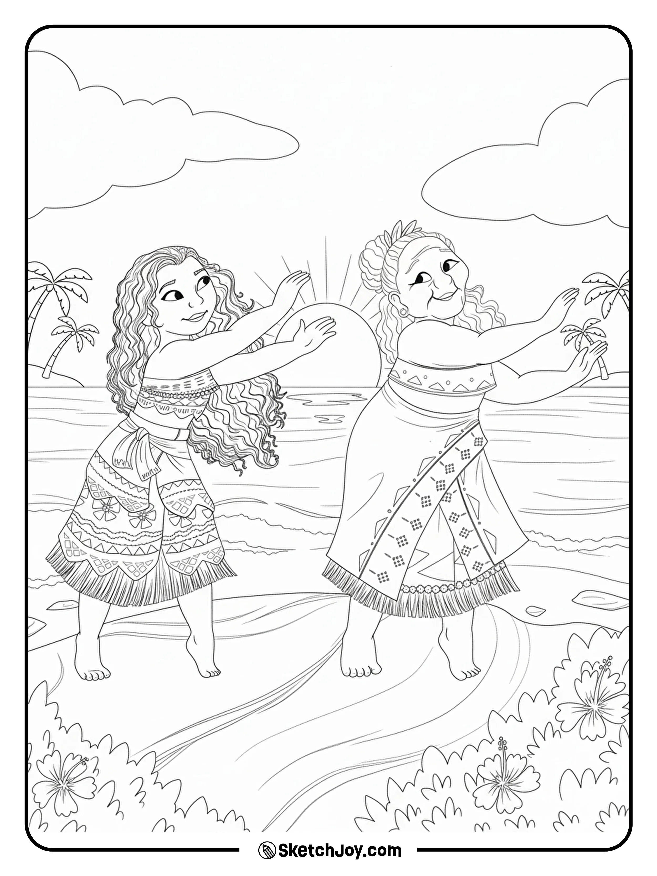 Moana and her grandmother sway together on the shore at sunset