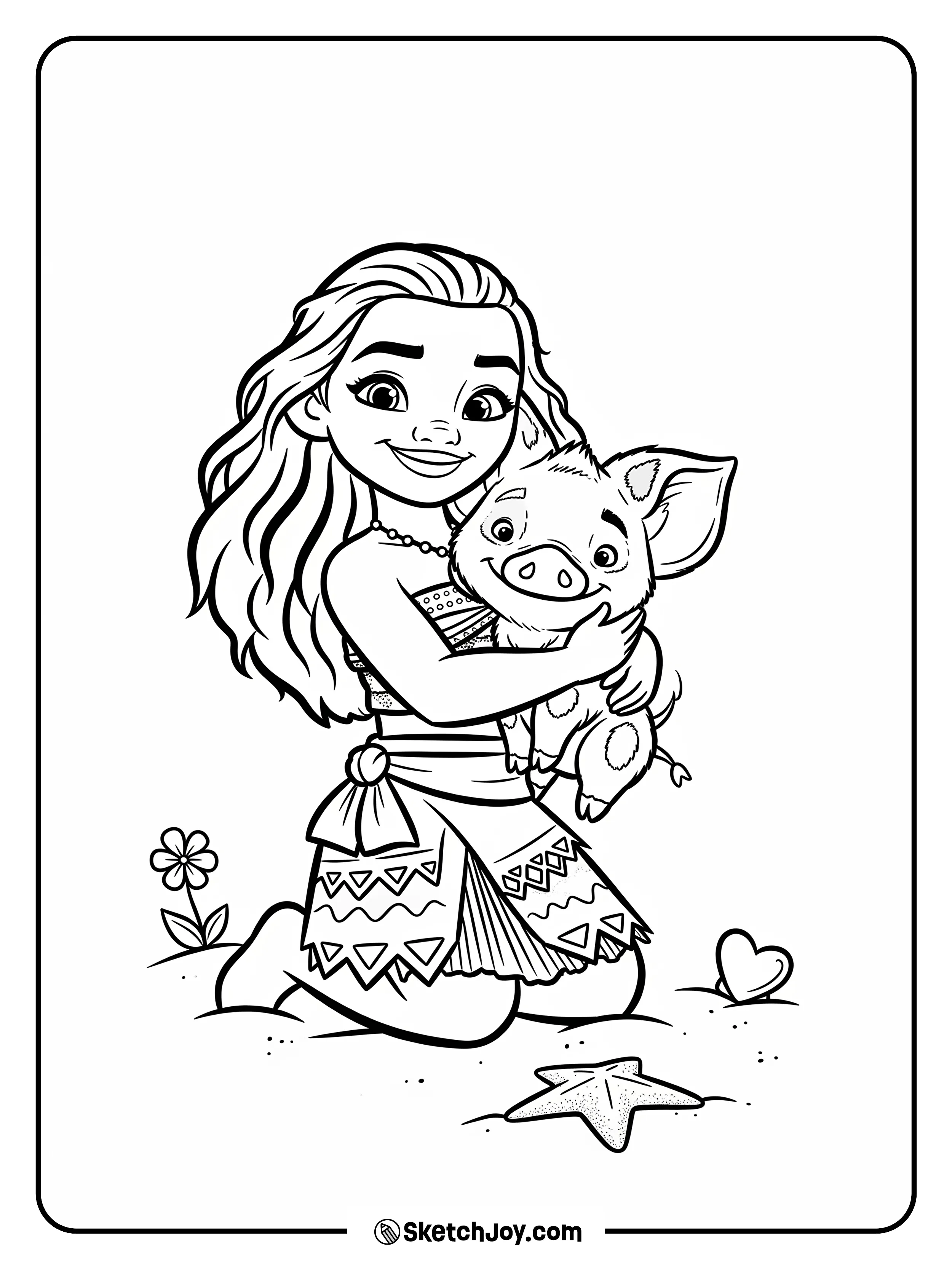 A sweet moment with Moana cuddling her pet pig, Pua.