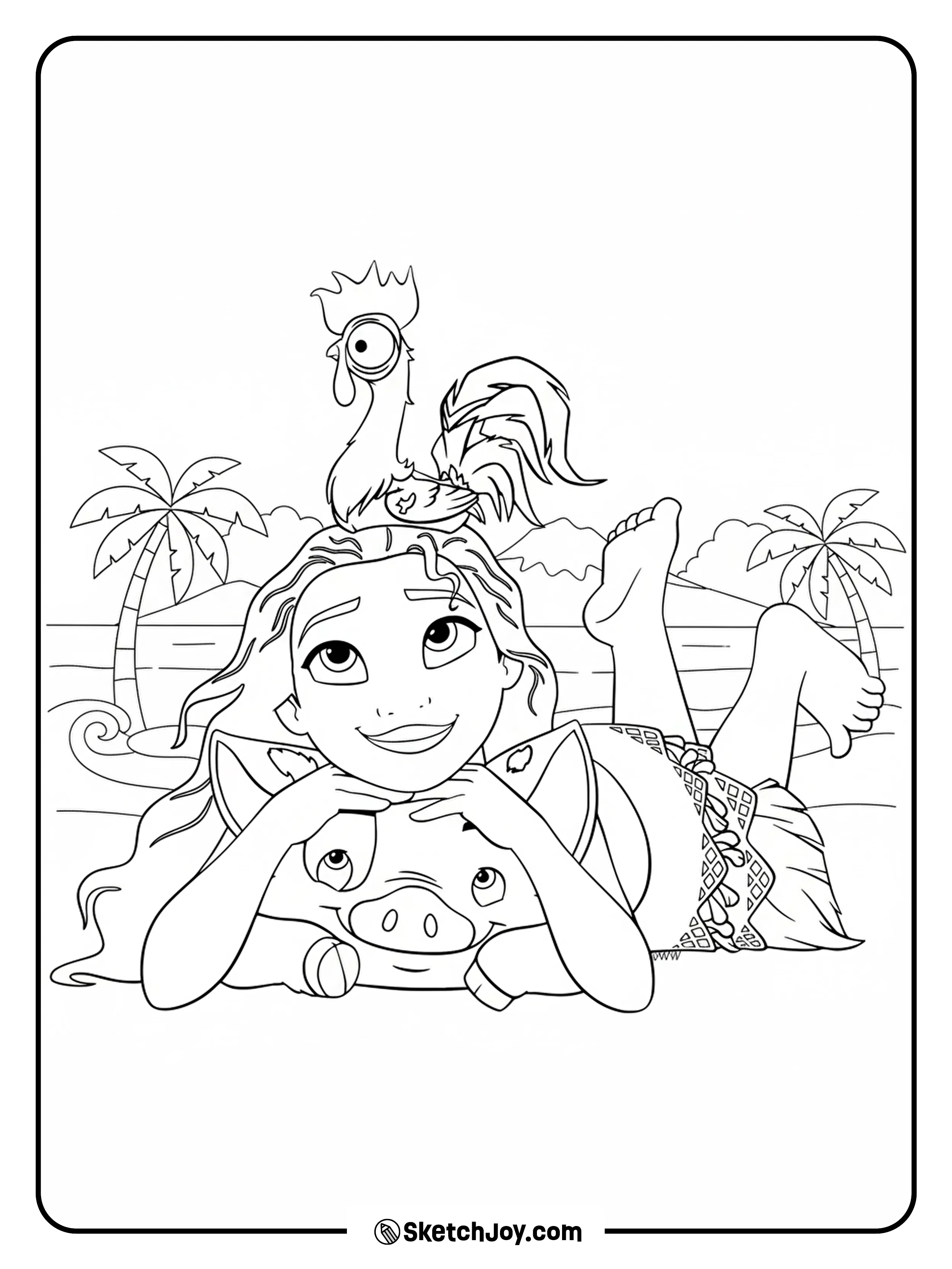 Moana lounges on her tummy with her chin on Pua while silly Hei Hei perches on her hair