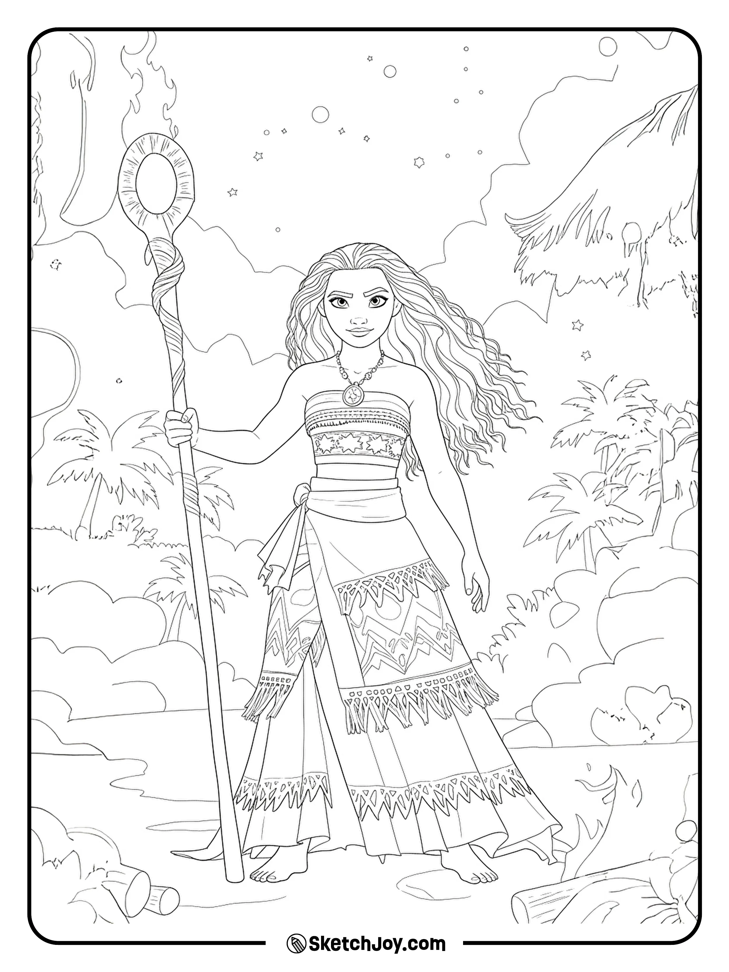 Moana stands barefoot on the shore