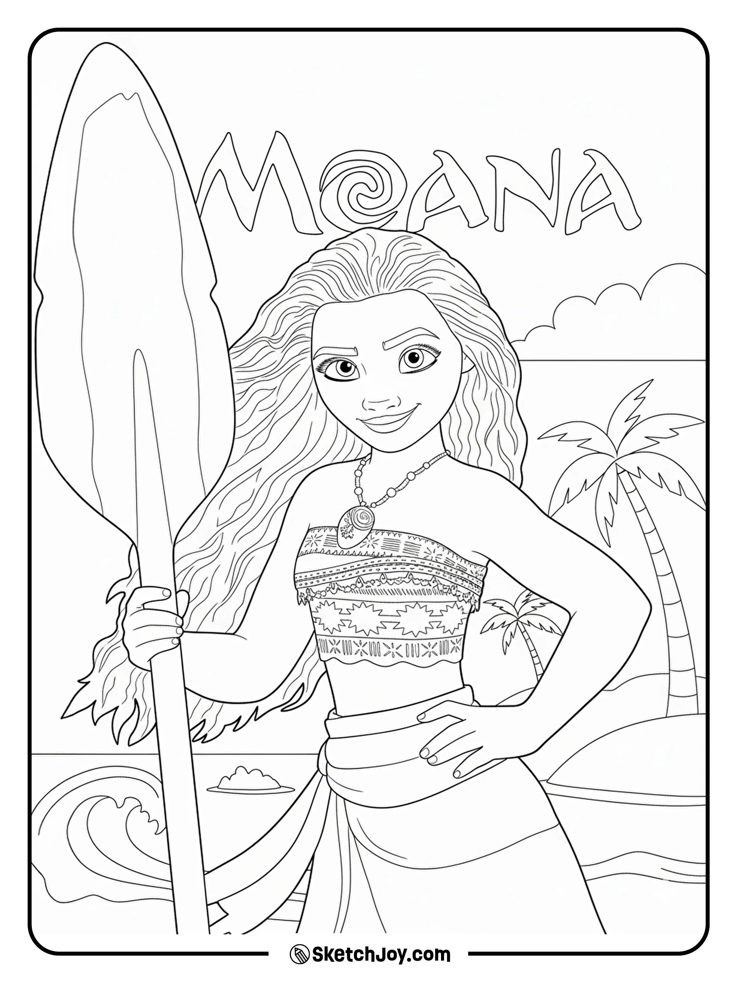 Moana smiles with her oar upright