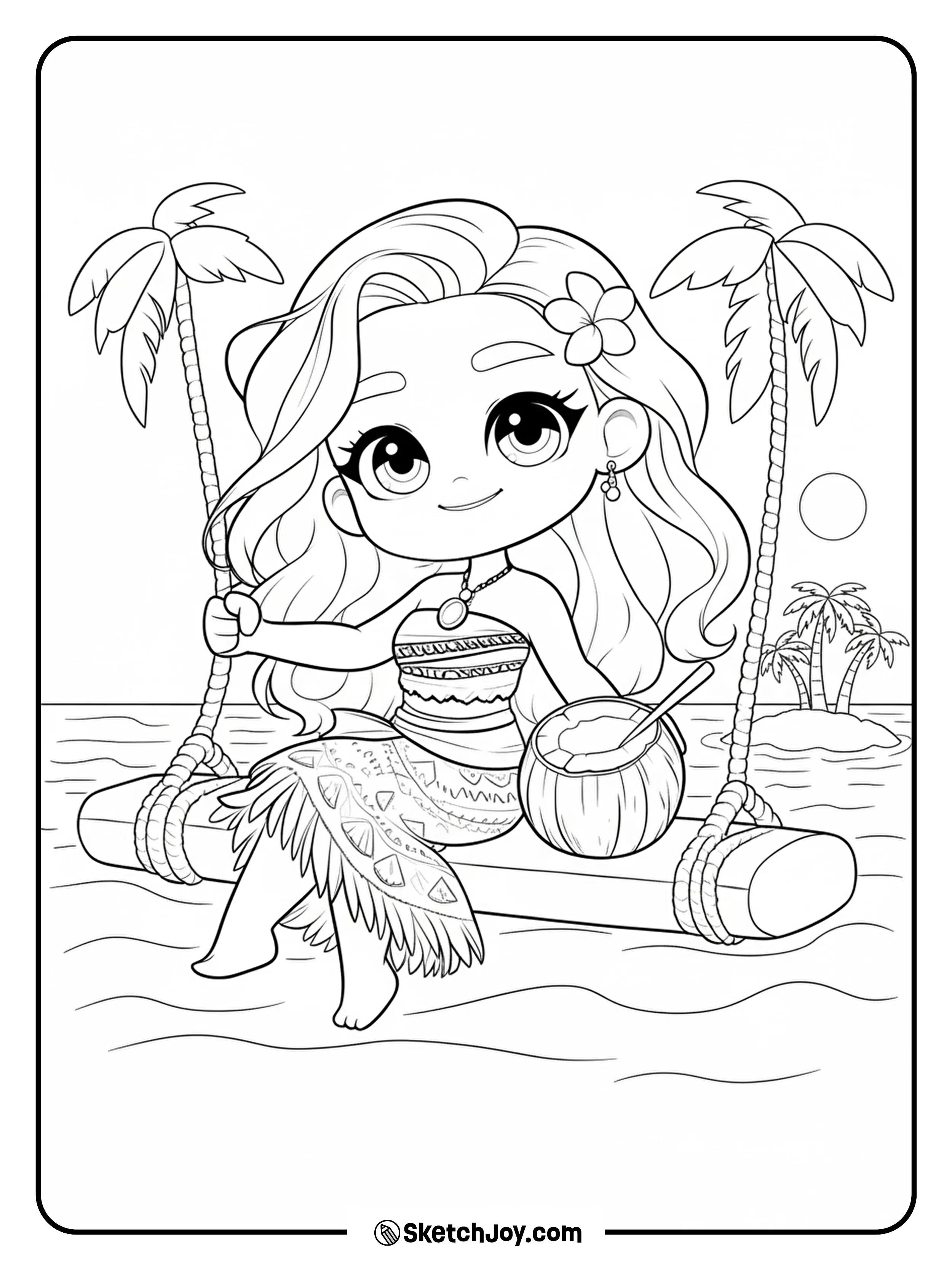 Young Moana sits on a simple rope swing with a coconut drink beside her