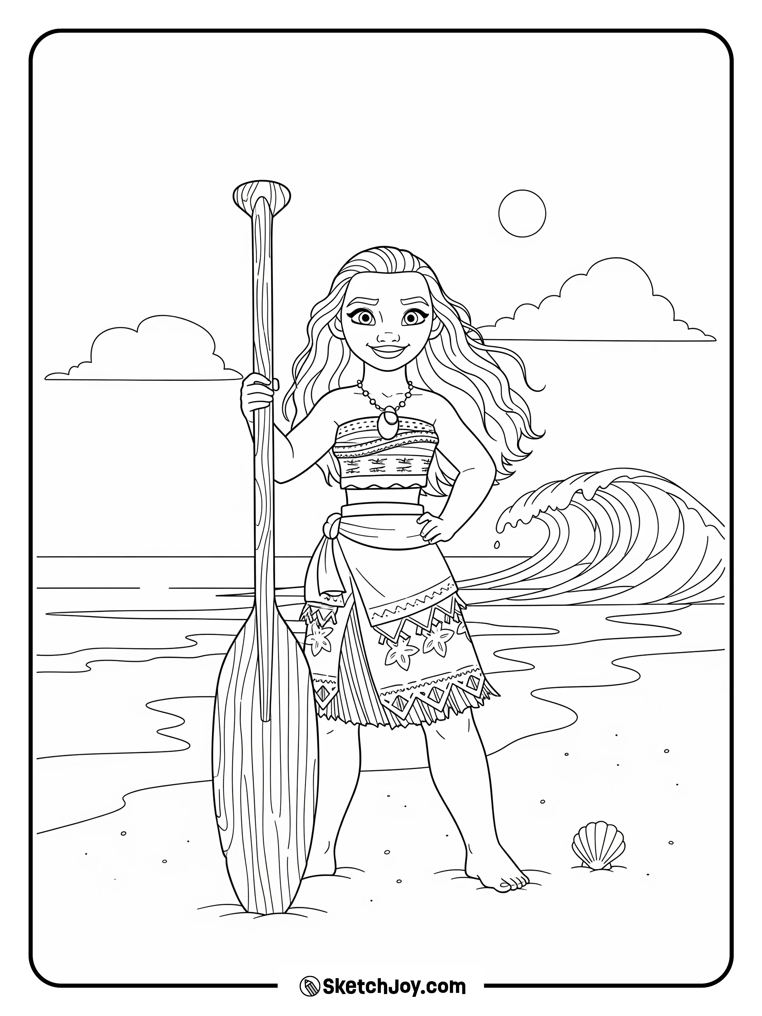 Moana stands barefoot on the sand holding her oar.