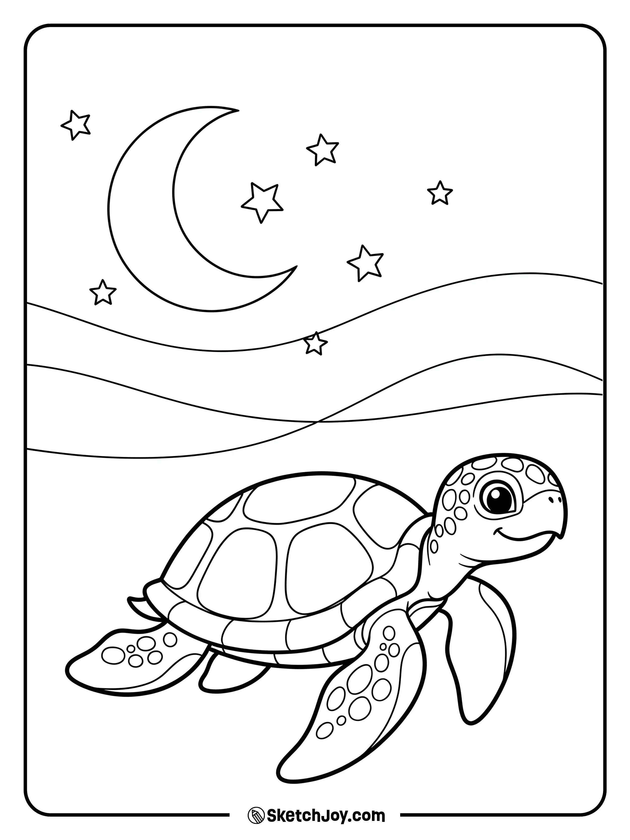 A lone sea turtle swims under a bright crescent moon.