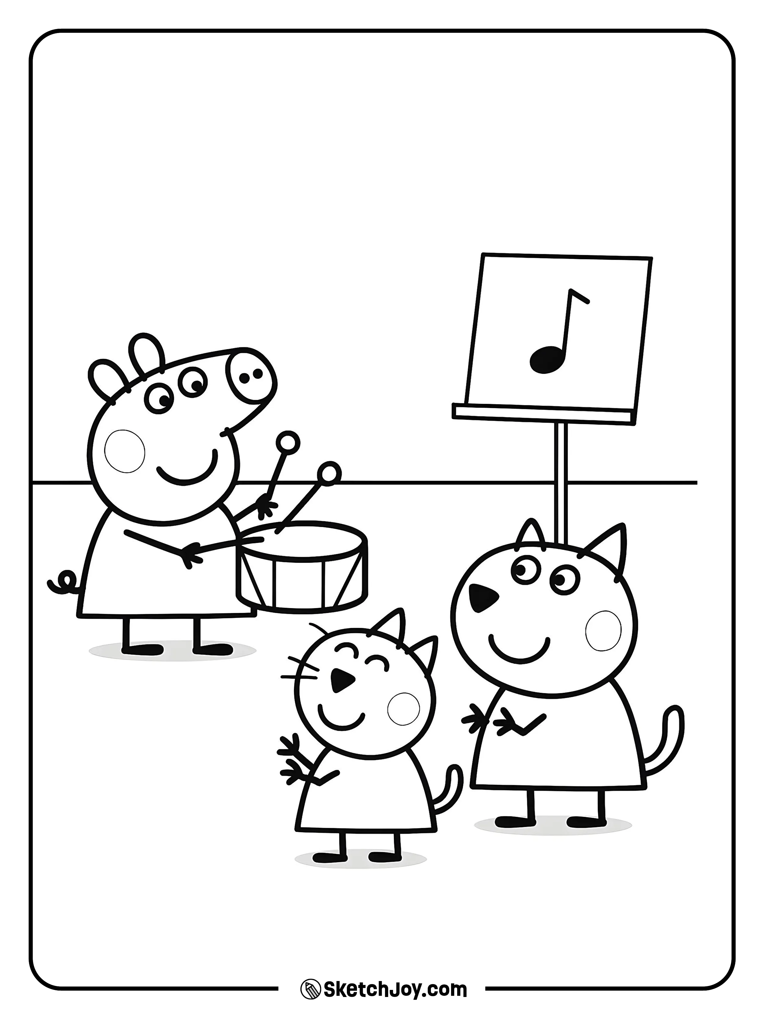 Peppa taps a small drum while friends clap in Madame Gazelle’s class.