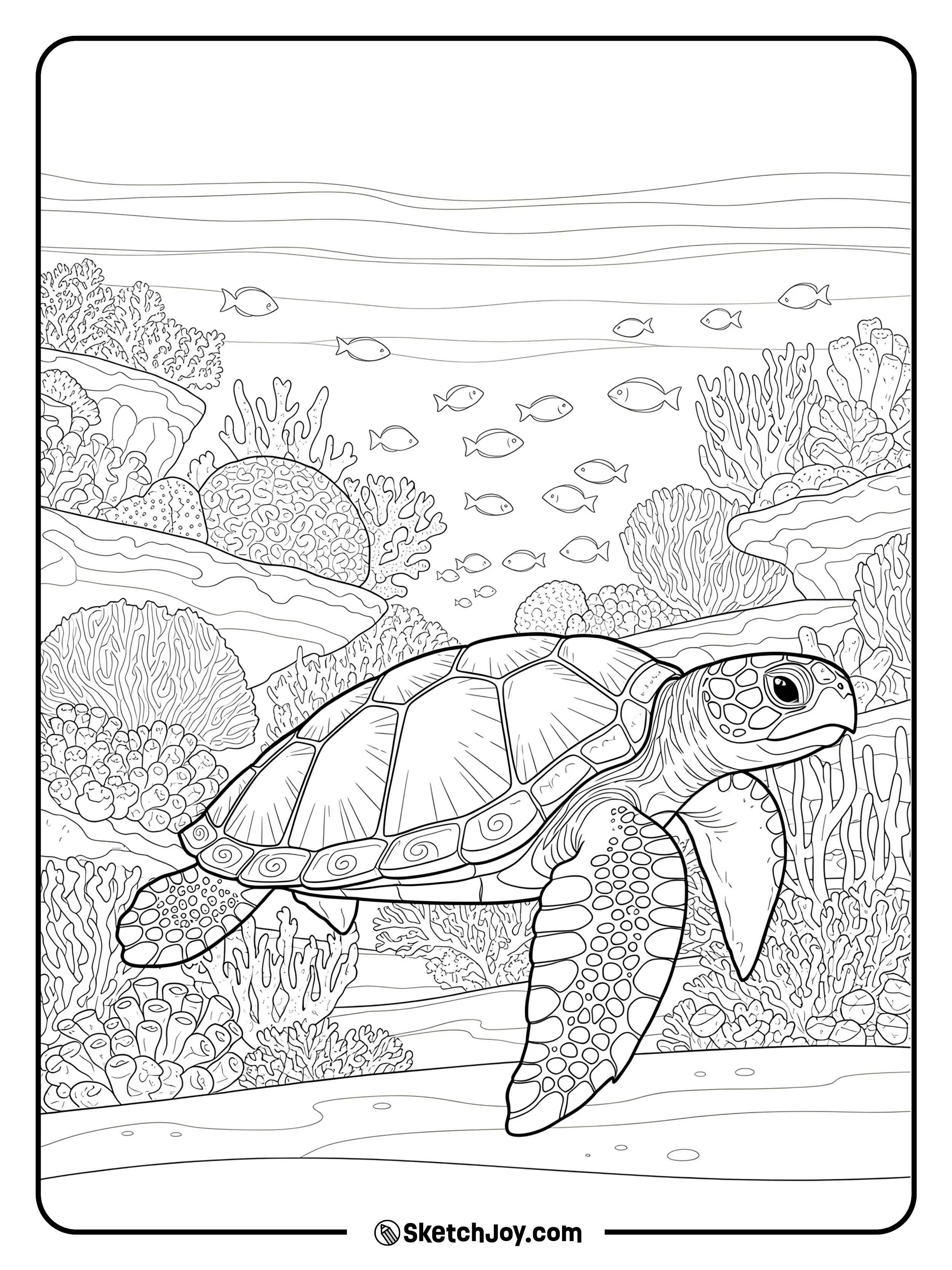 A sea turtle glides across a wide reef filled with layered coral shapes.