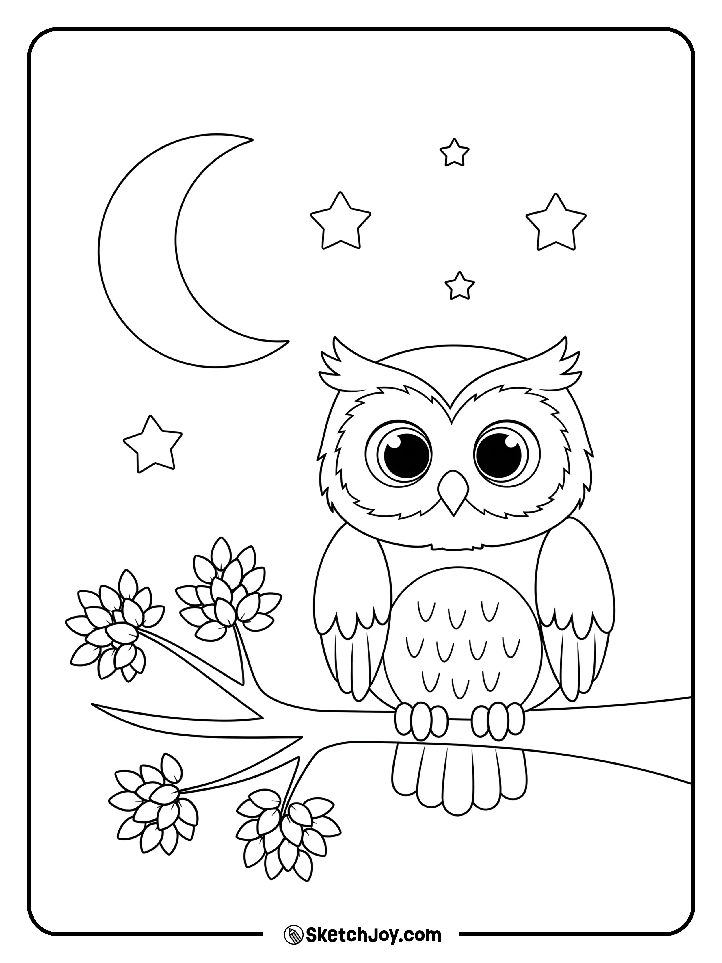 A wide-eyed owl resting on a branch under the moon.