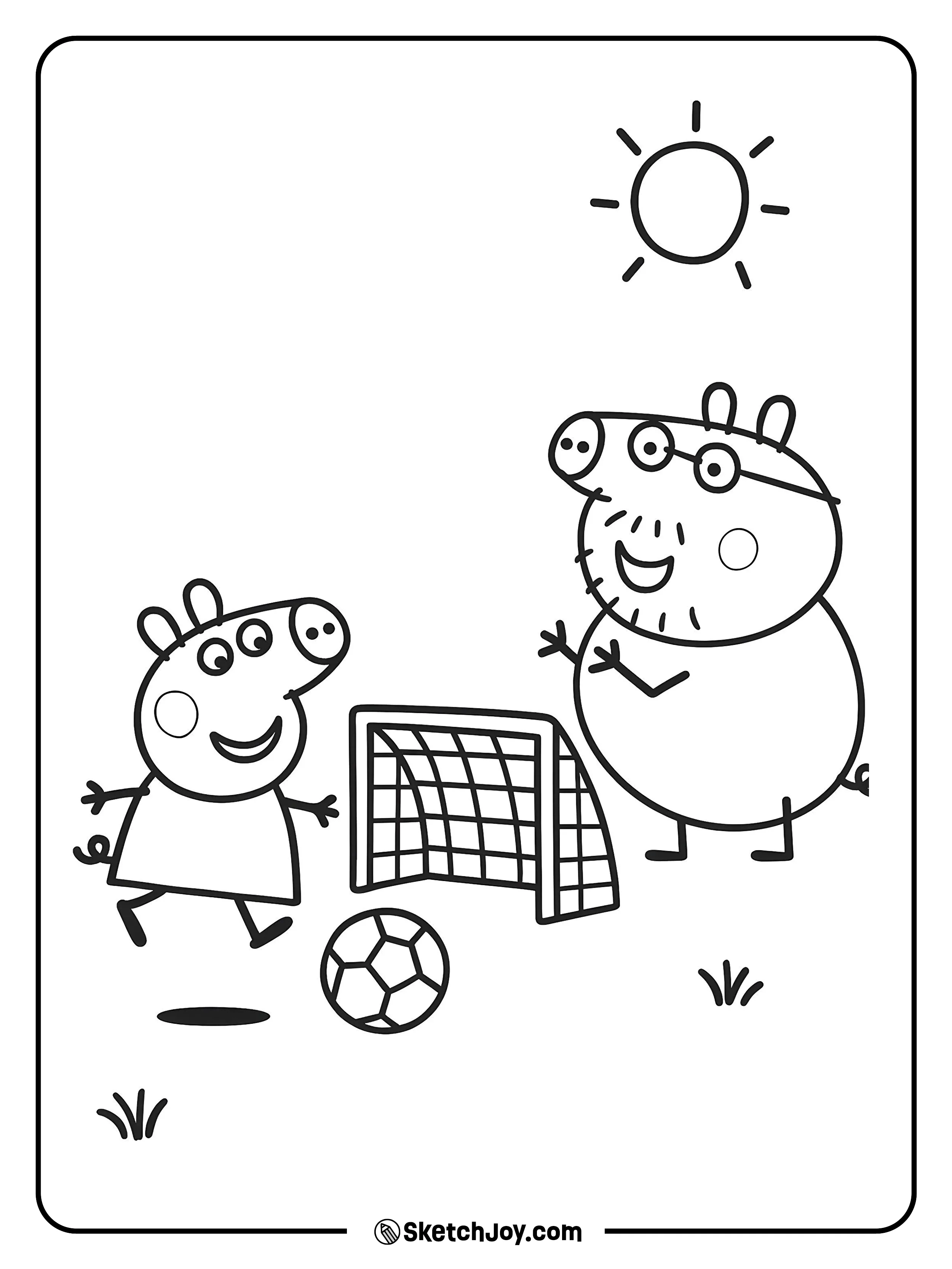Peppa kicks a soccer ball toward a small net as Daddy Pig cheers.