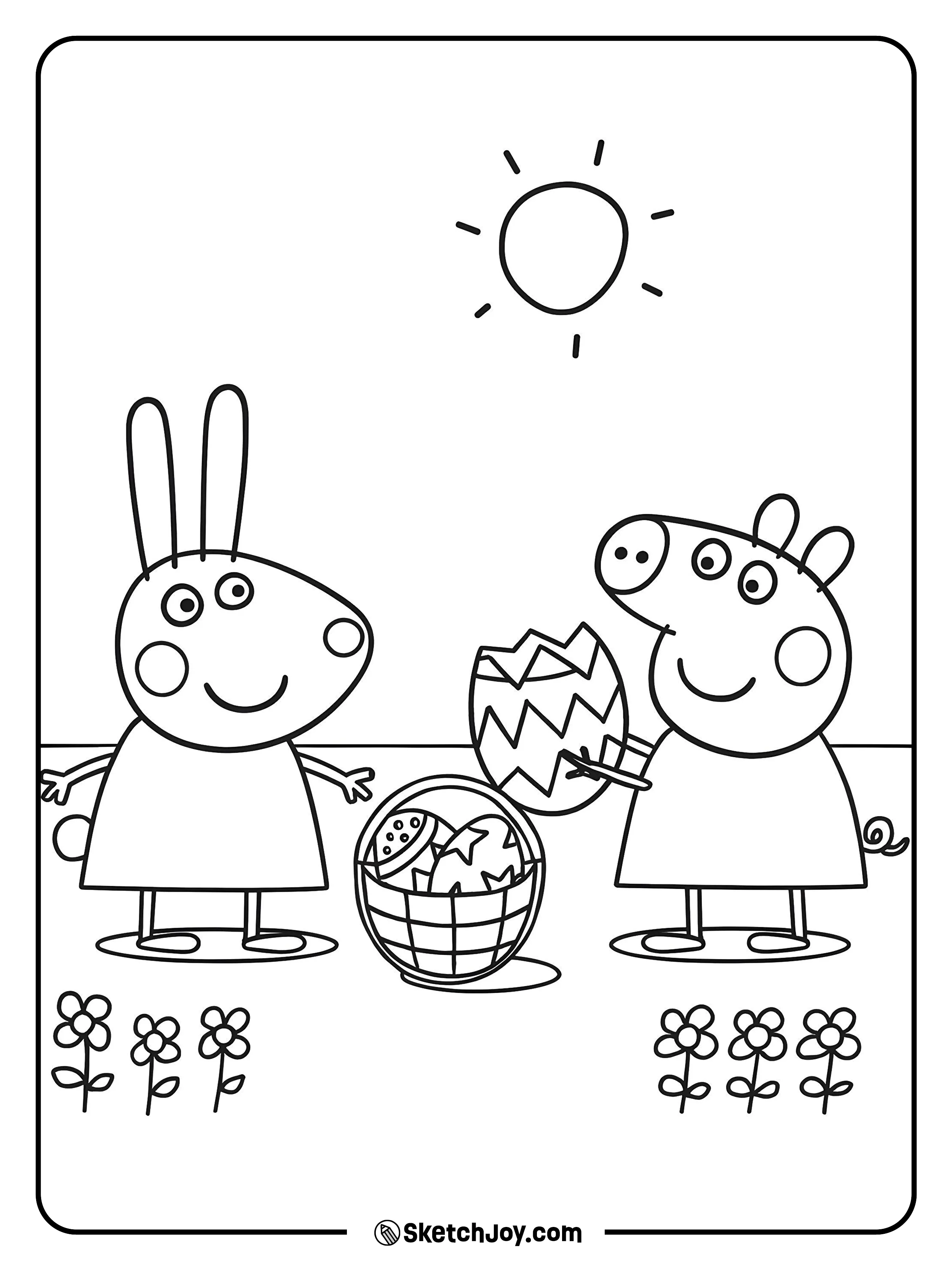 Peppa holds a zigzag-patterned egg while Rebecca Rabbit smiles by a basket