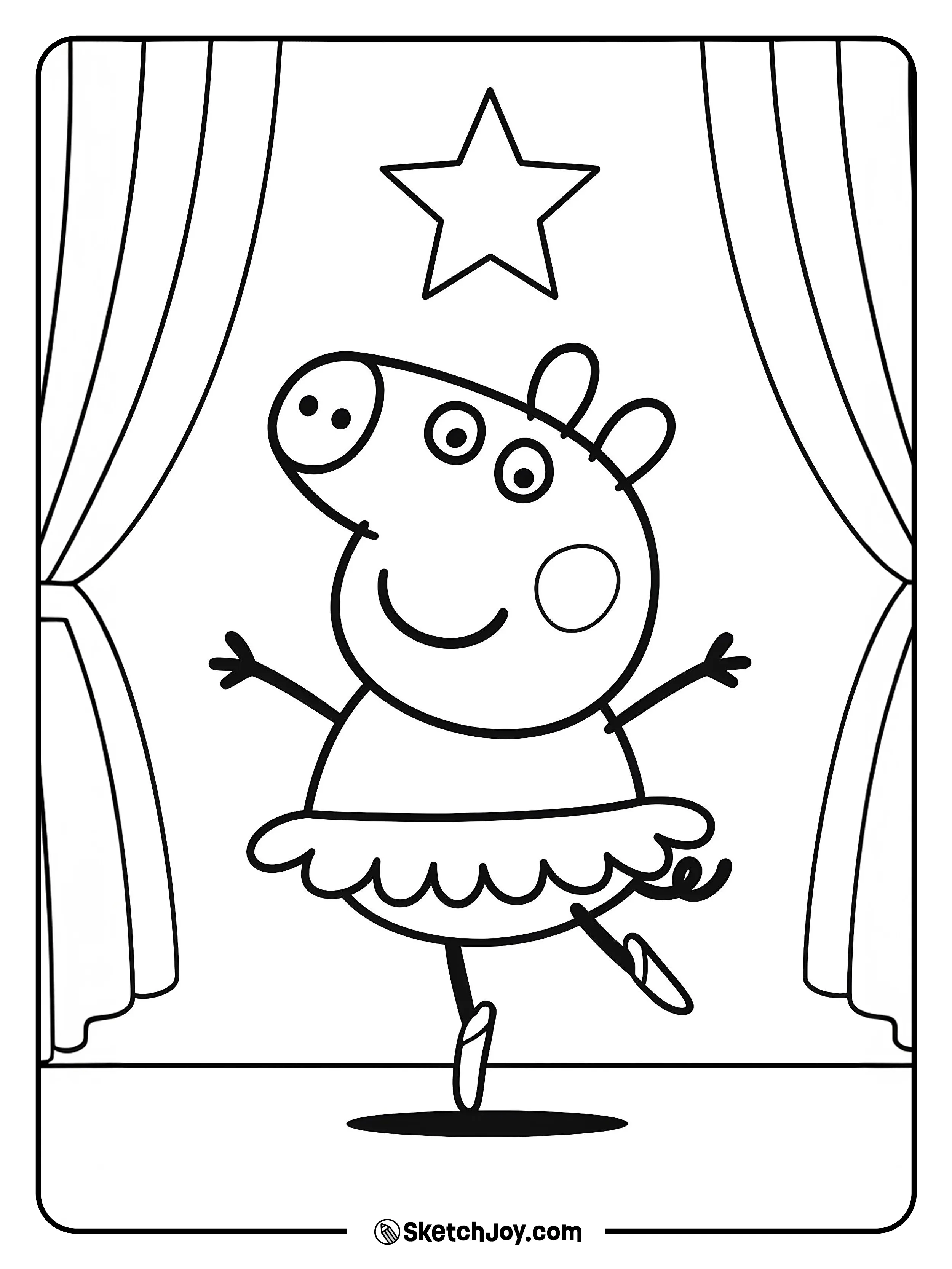 Peppa practices a careful spin in a tutu on a small stage