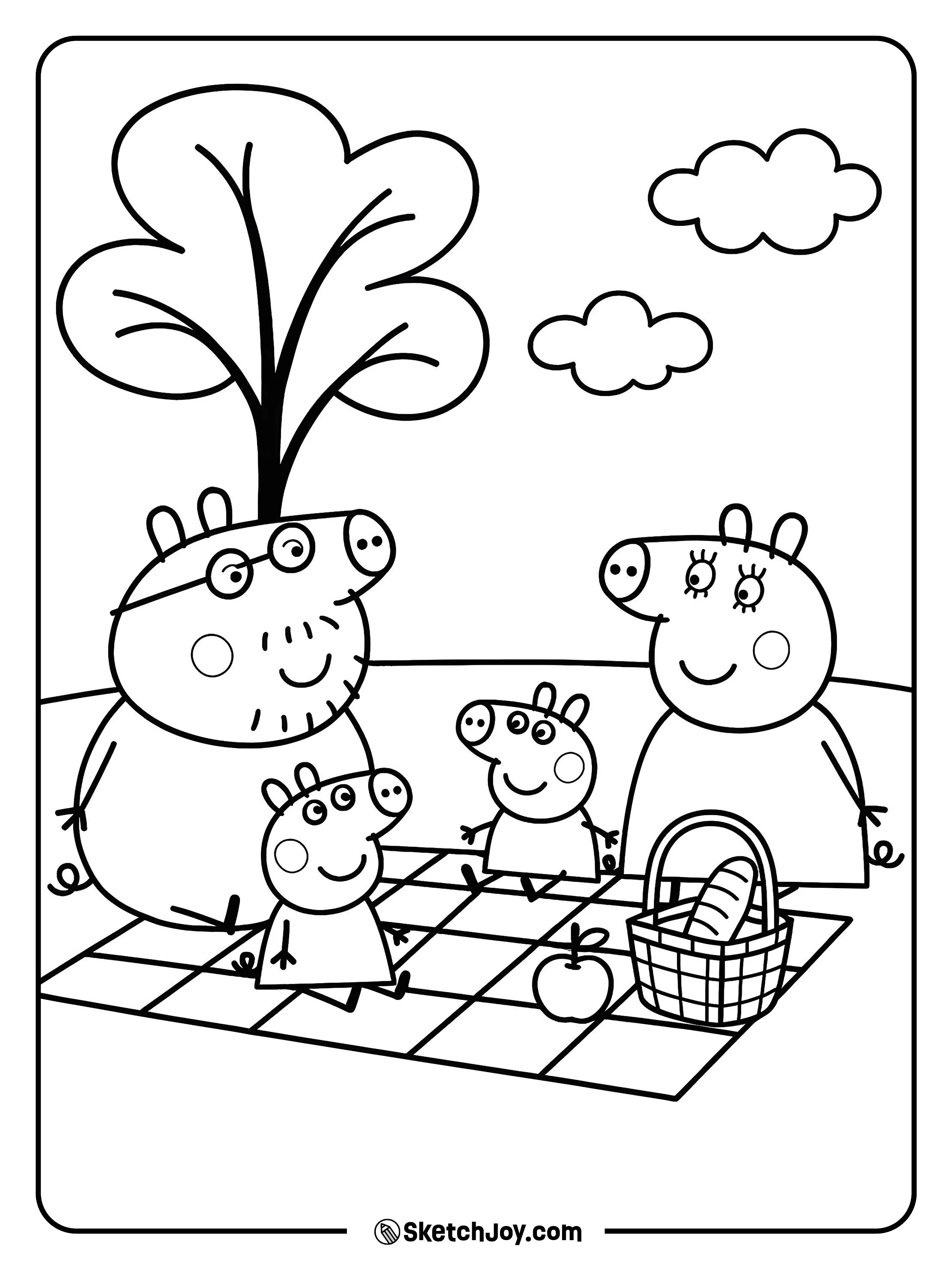 The family shares sandwiches on a checkered blanket.
