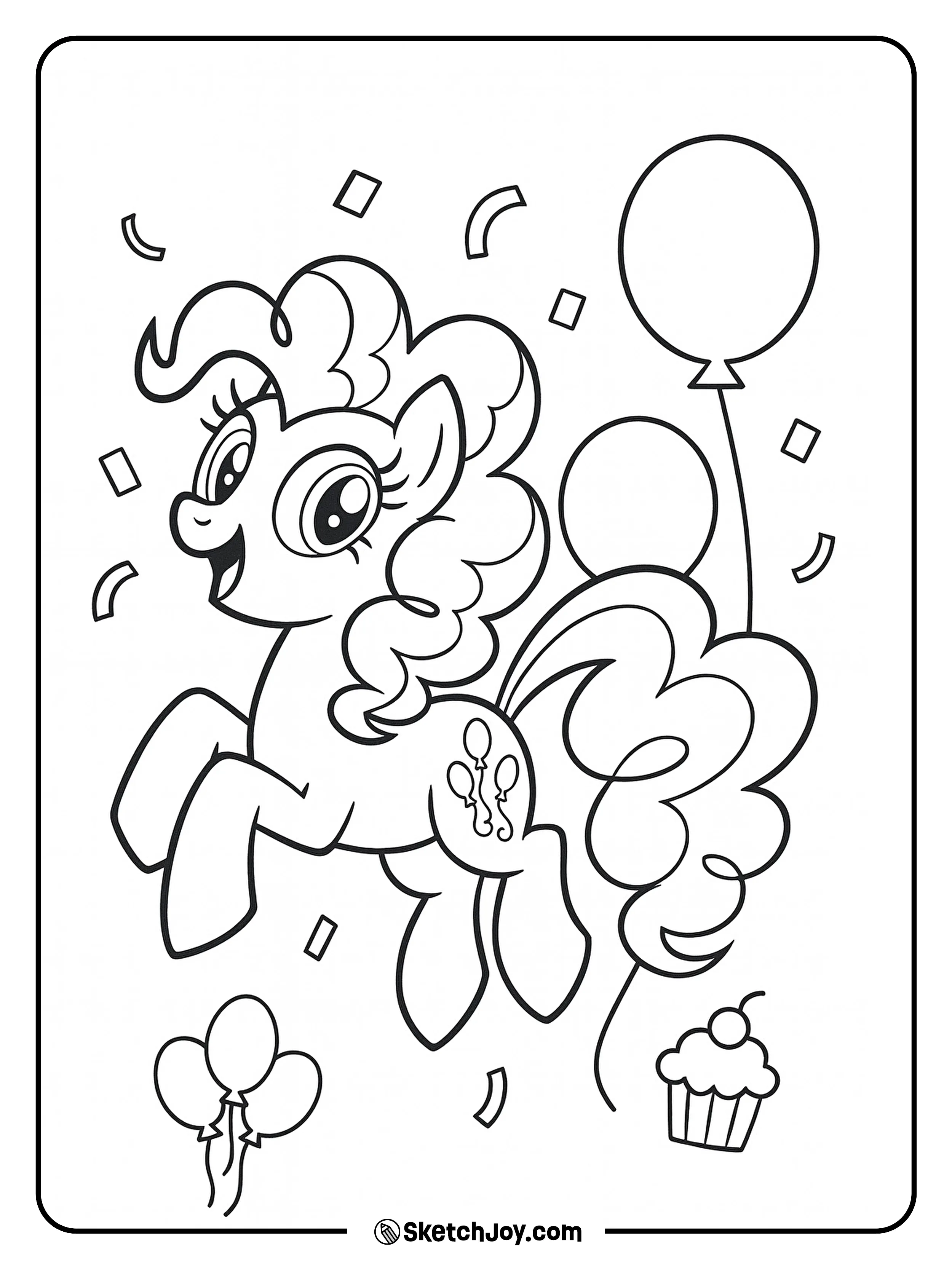 Pinkie Pie bounces with joy beside balloons and a cupcake.