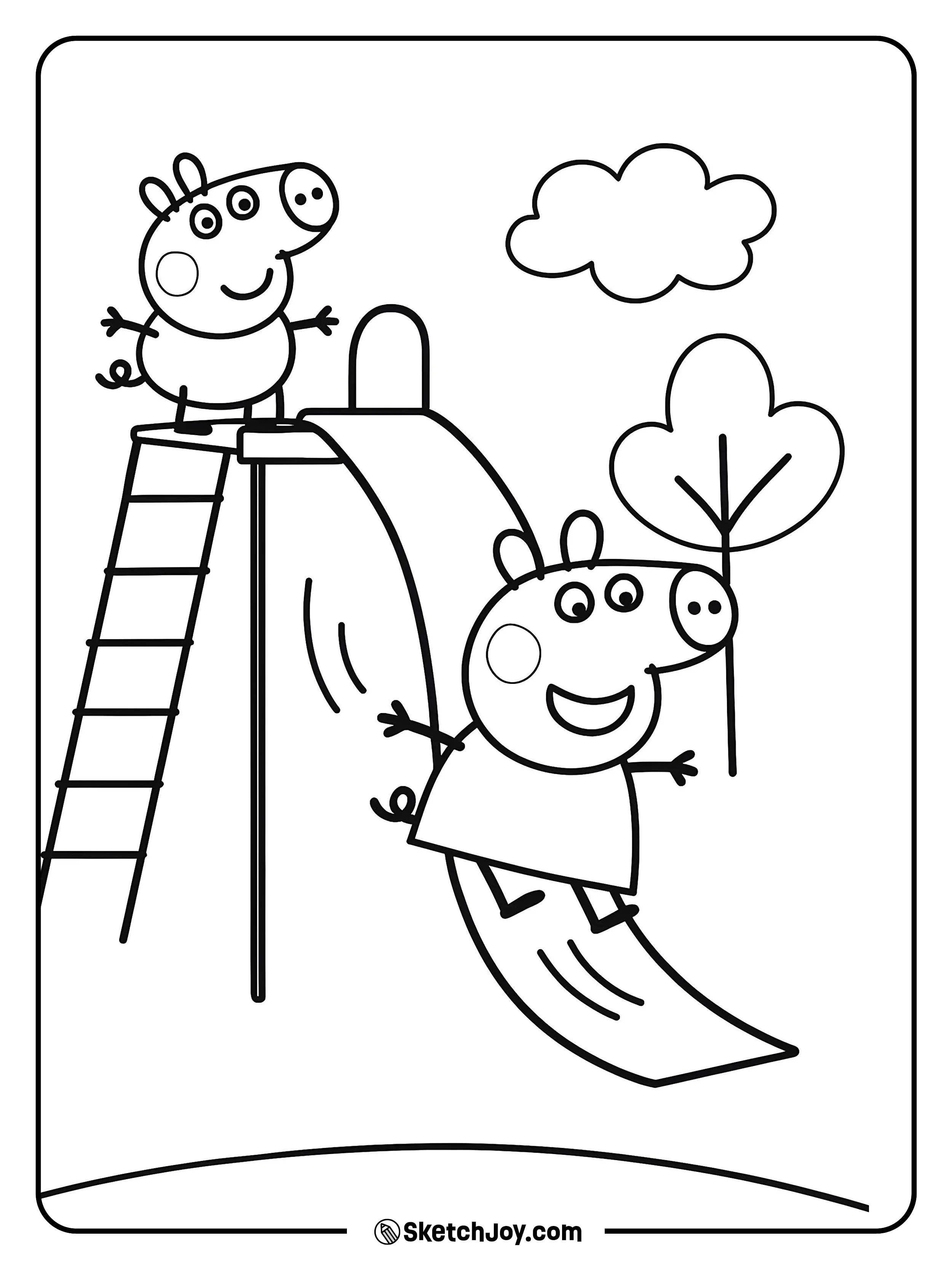 Peppa whooshes down the slide while George waits his turn.