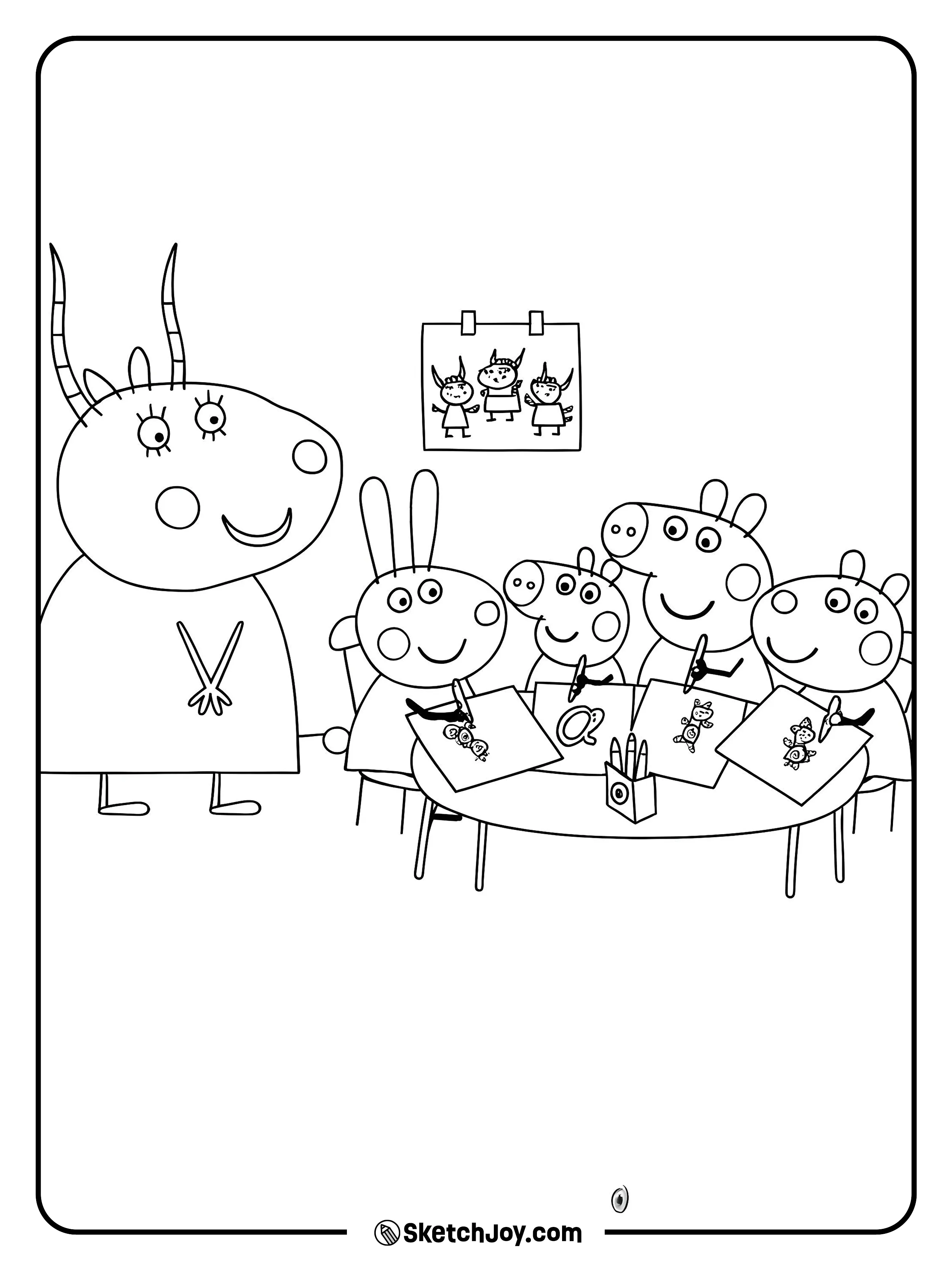 Madame Gazelle smiles while Peppa, George, Rebecca Rabbit, and friends sit around