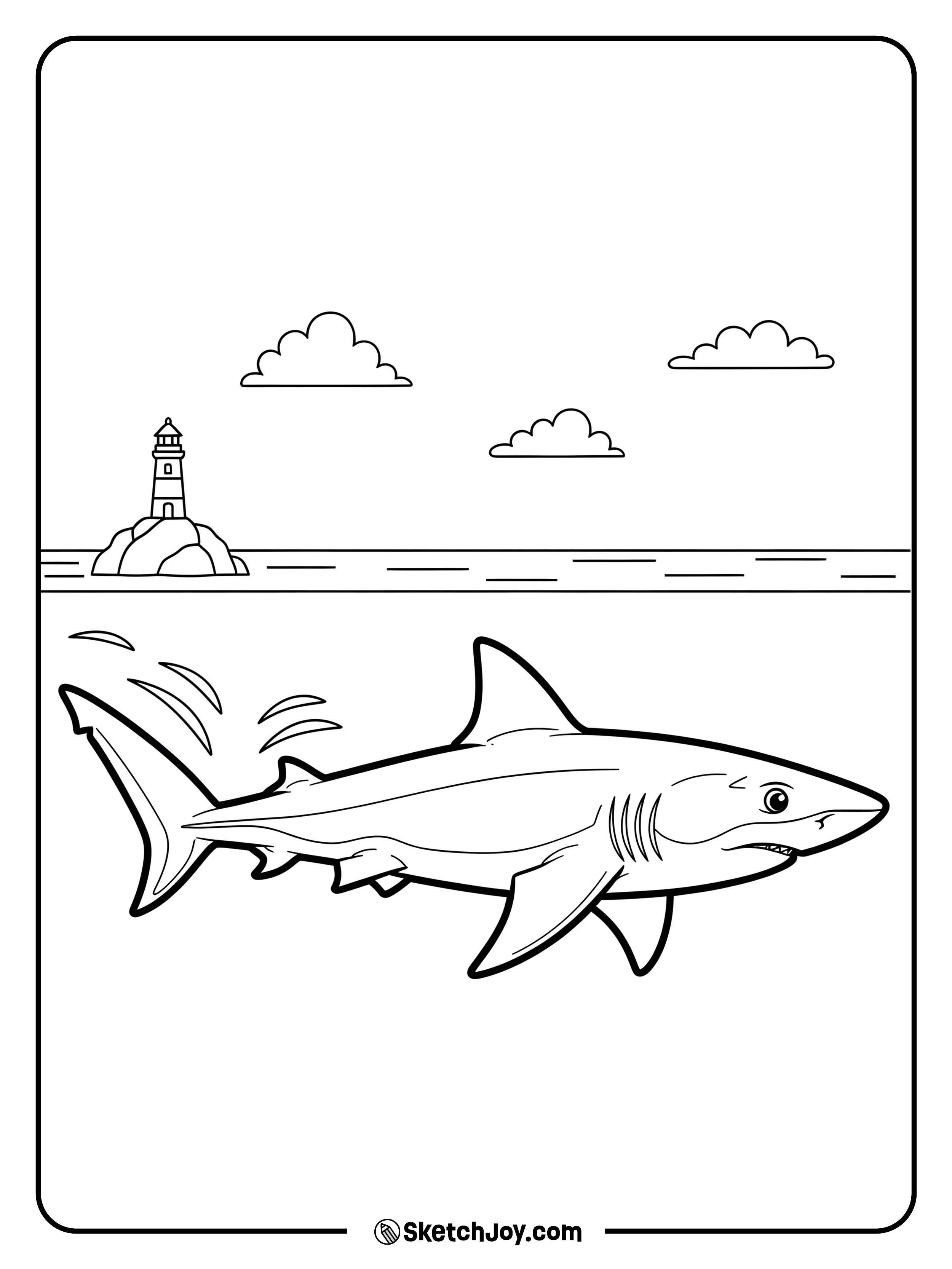 A porbeagle cruises near the surface as a distant lighthouse stands watch.