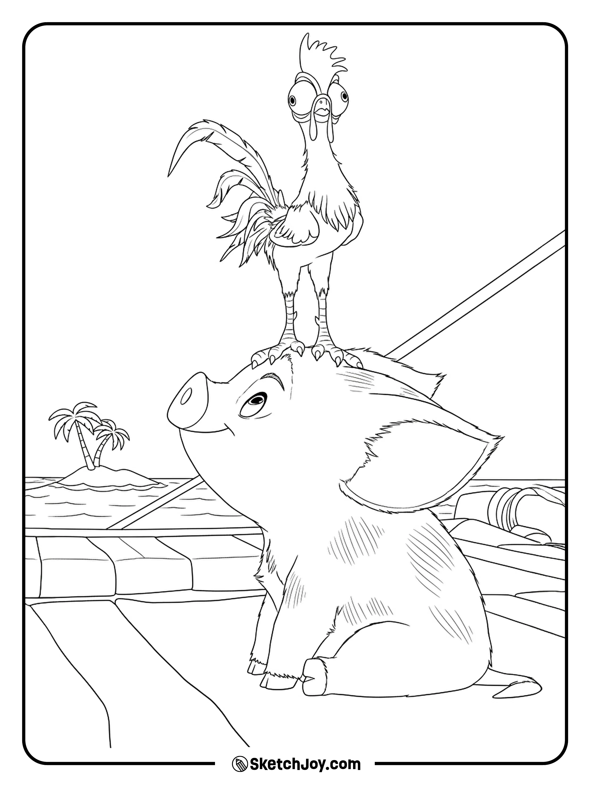 The silly rooster balances on Pua’s head