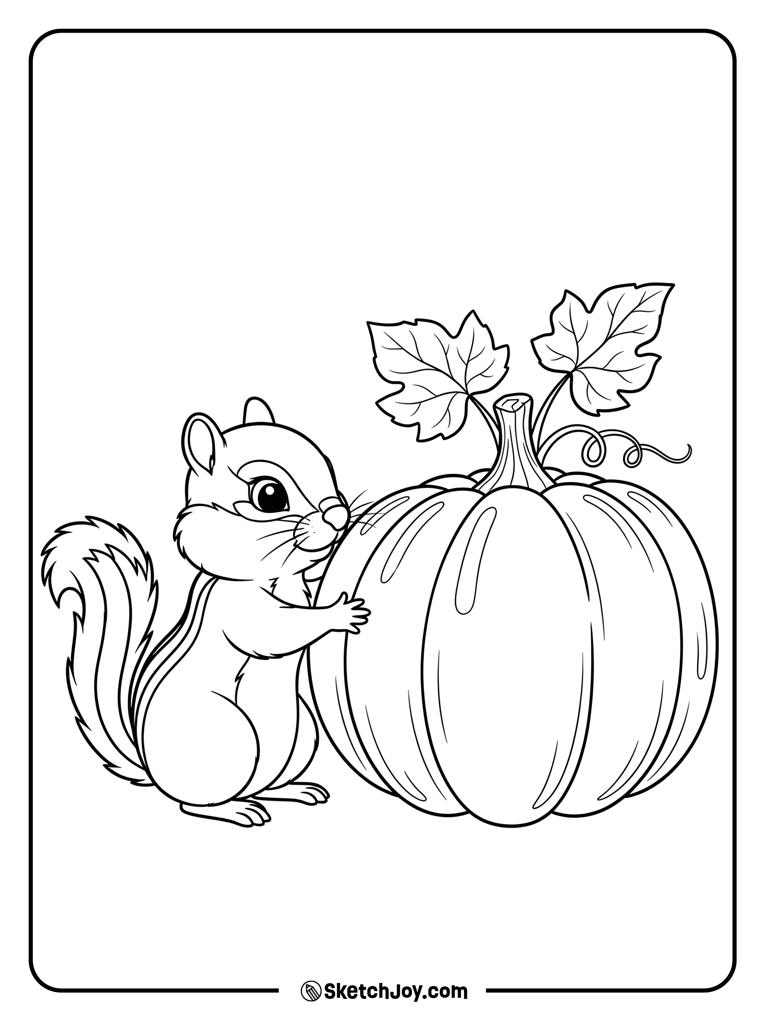 A small animal greeting the biggest pumpkin.