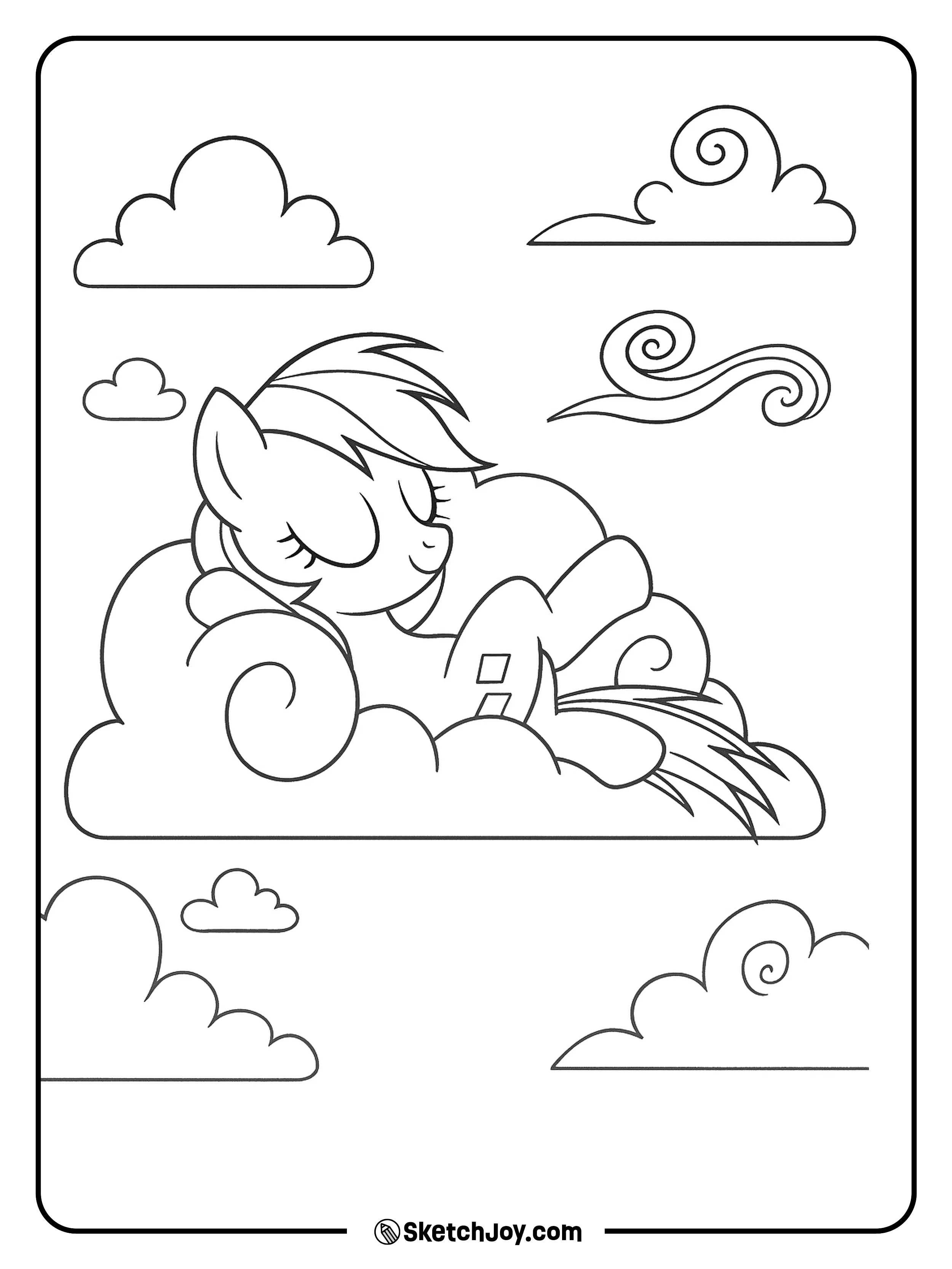 Rainbow Dash snoozes on a fluffy cloud