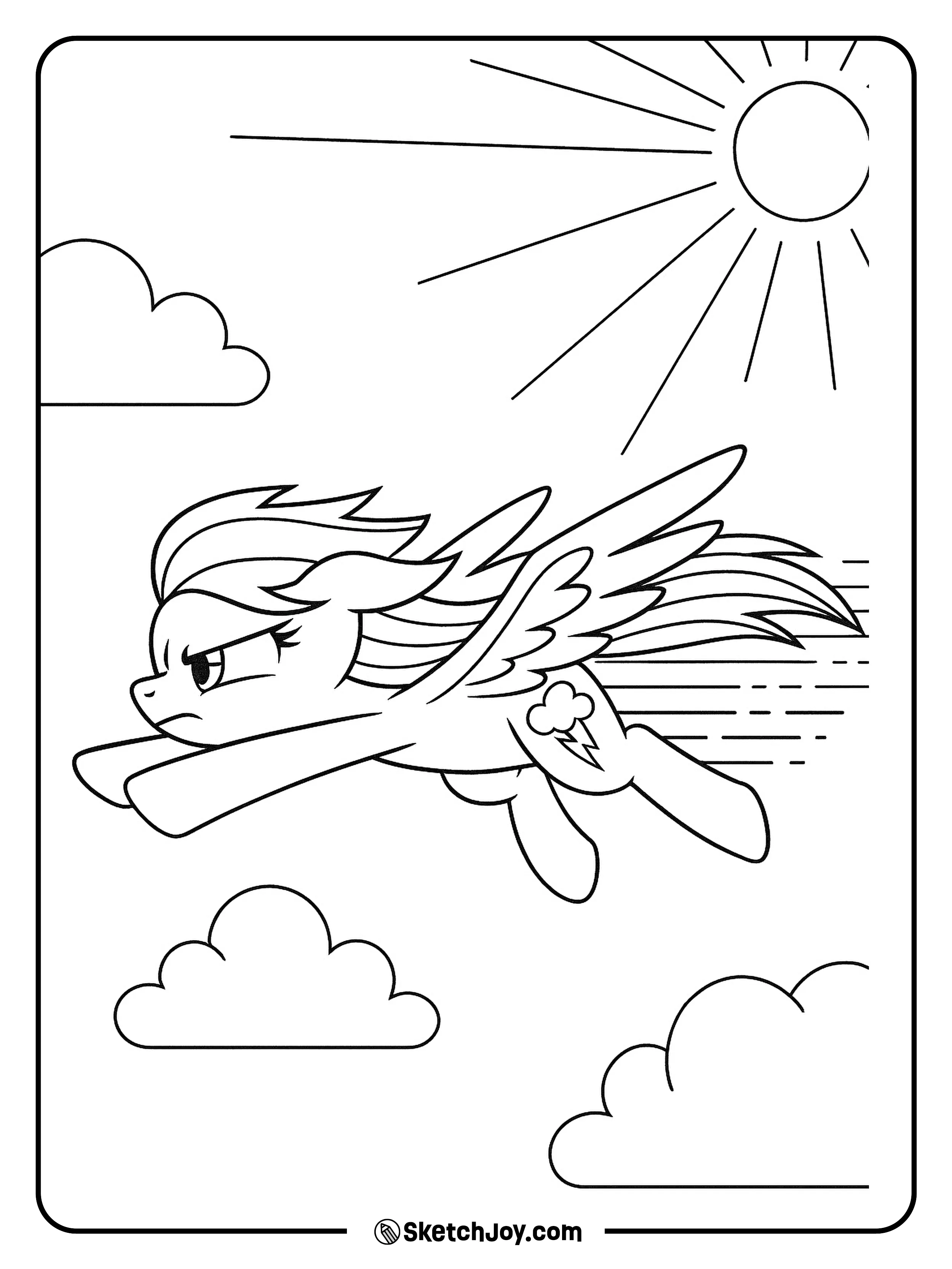 Rainbow Dash zooms across the sky with wings wide and a determined look.