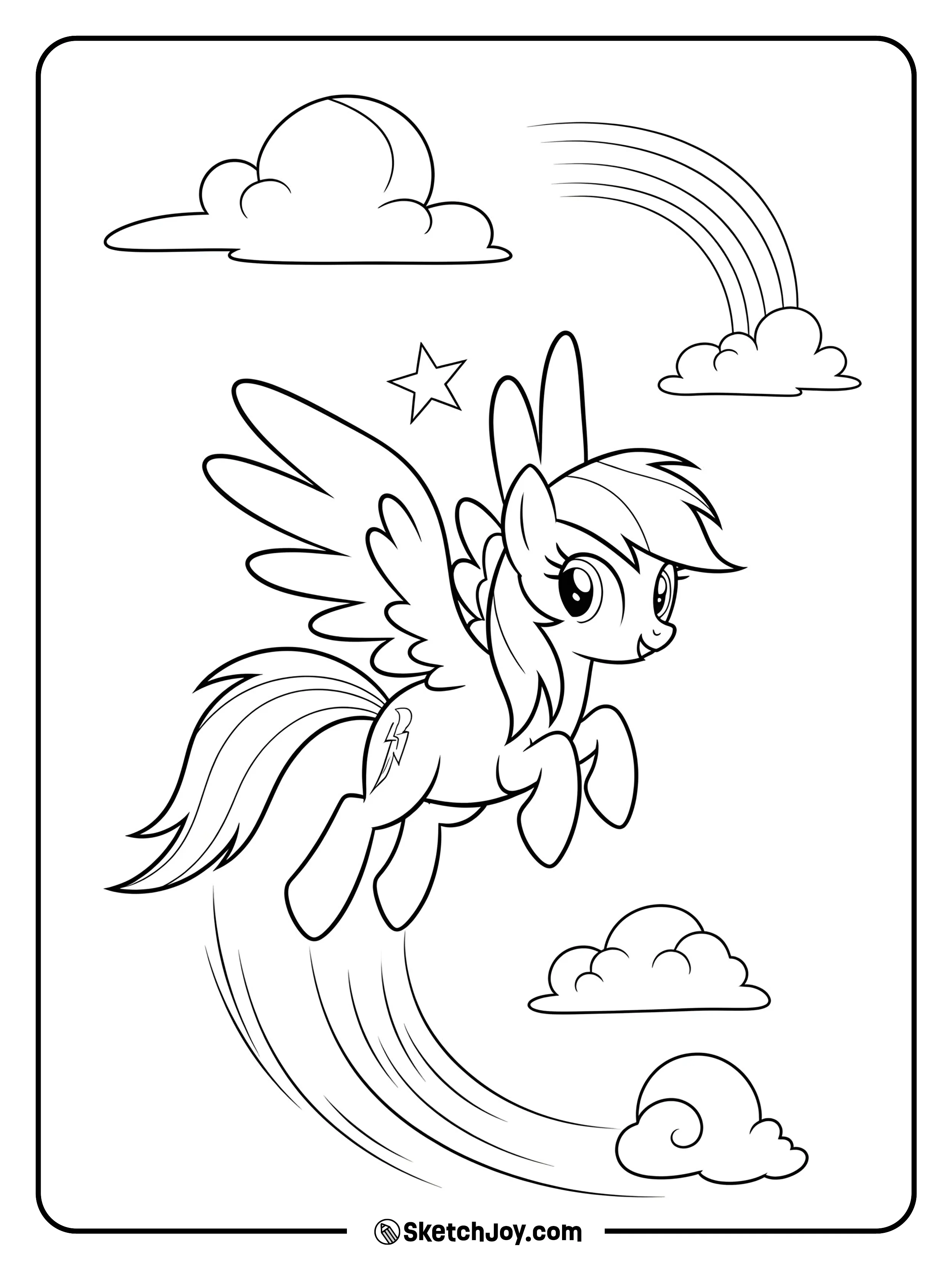 Rainbow Dash zips through the sky, showing off a mid-air loop.