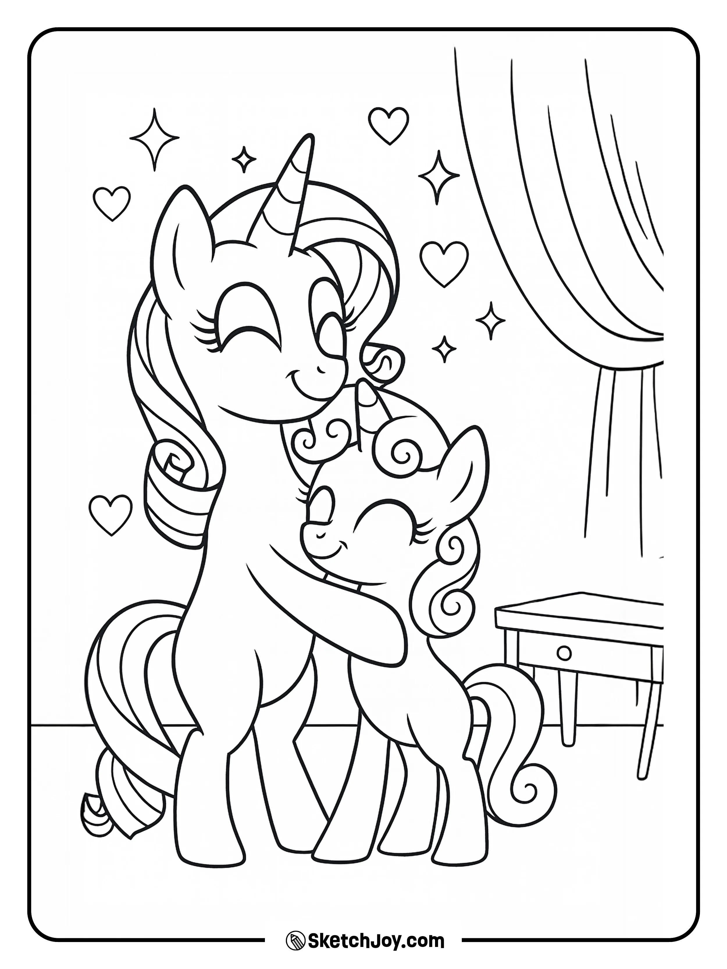 Rarity cuddles her little sister Sweetie Belle in a warm hug.