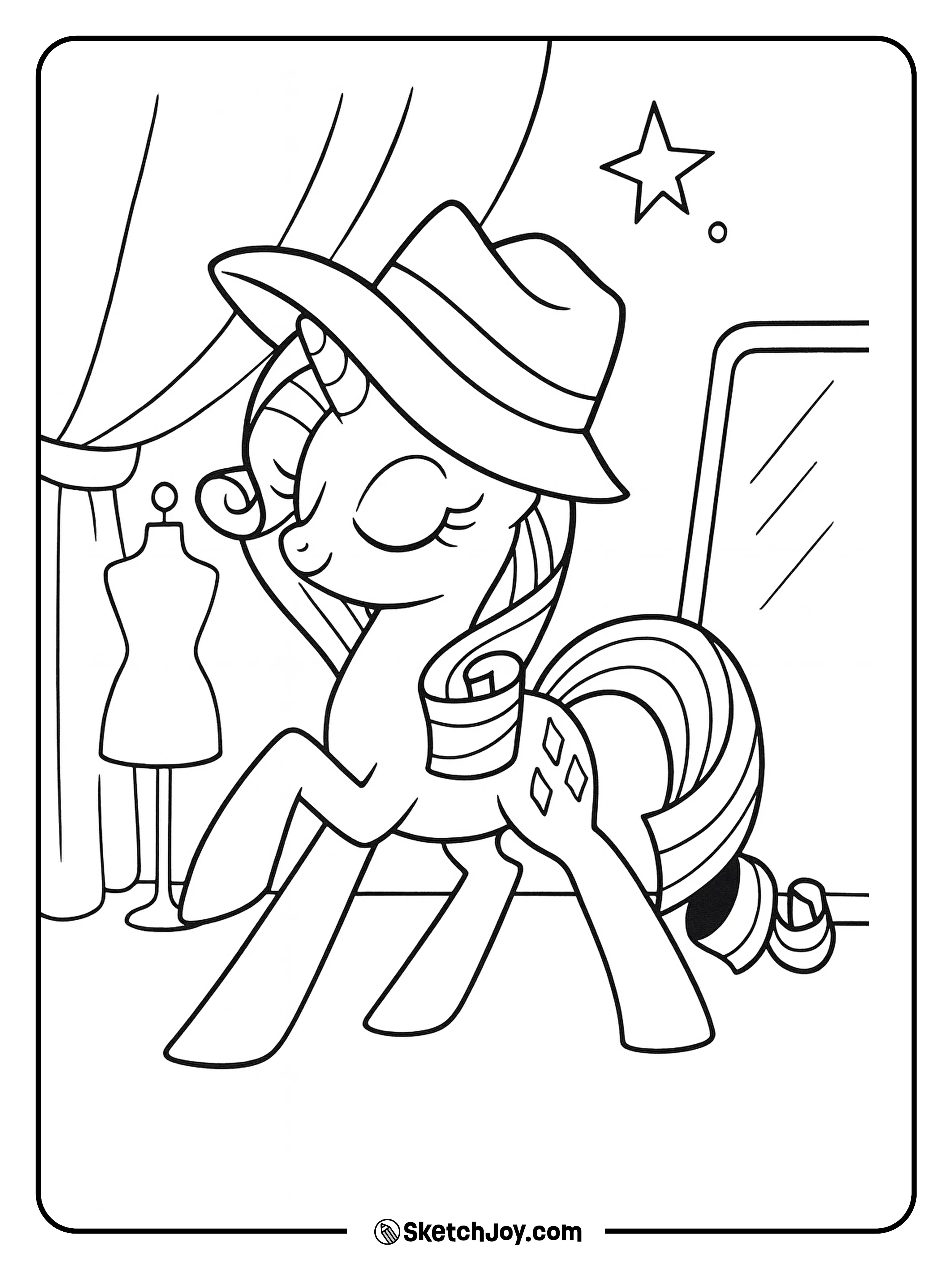 Rarity models a stylish hat in her boutique with a graceful trot.