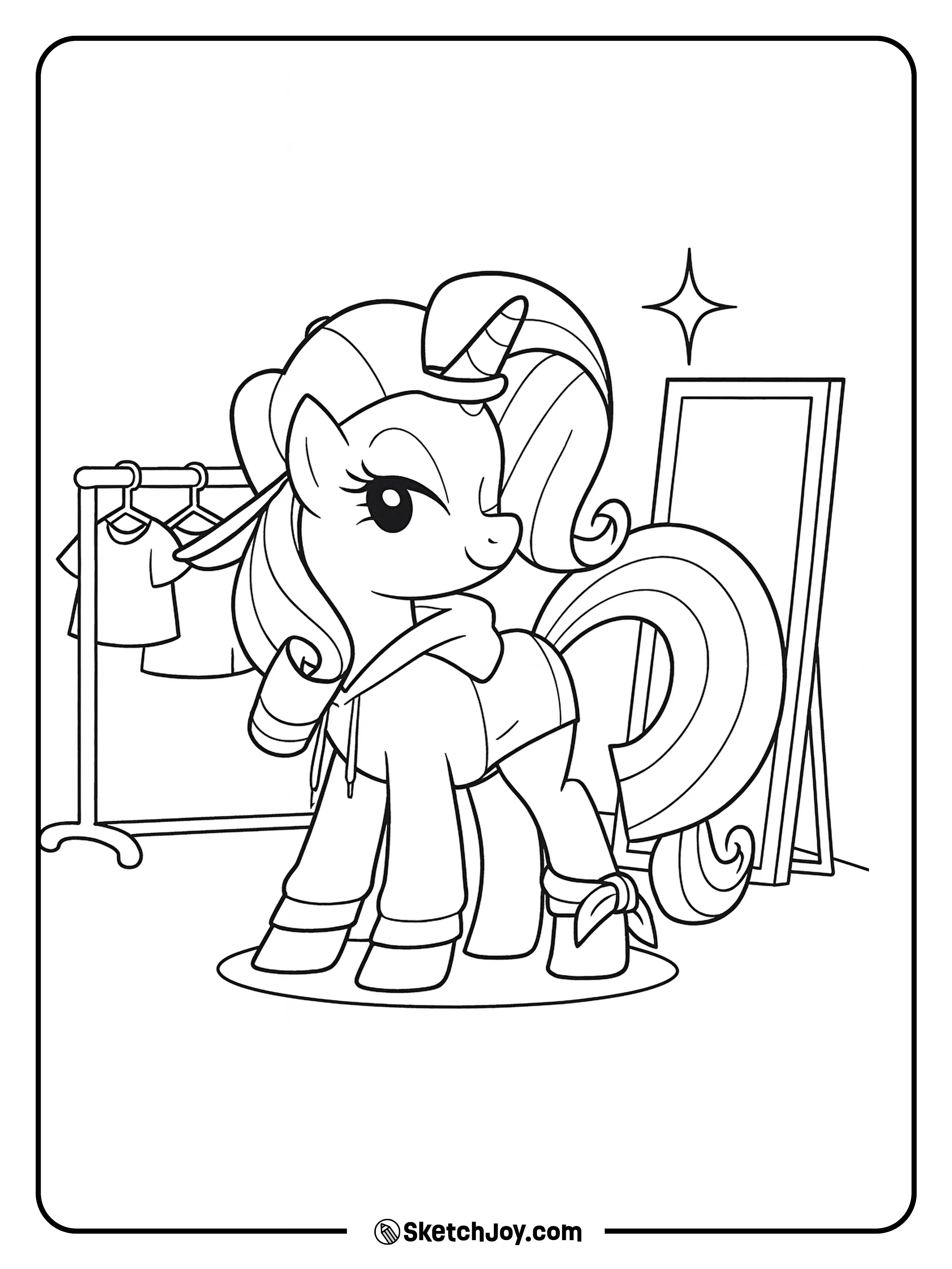 Rarity models a comfy hoodie and strikes a confident pose
