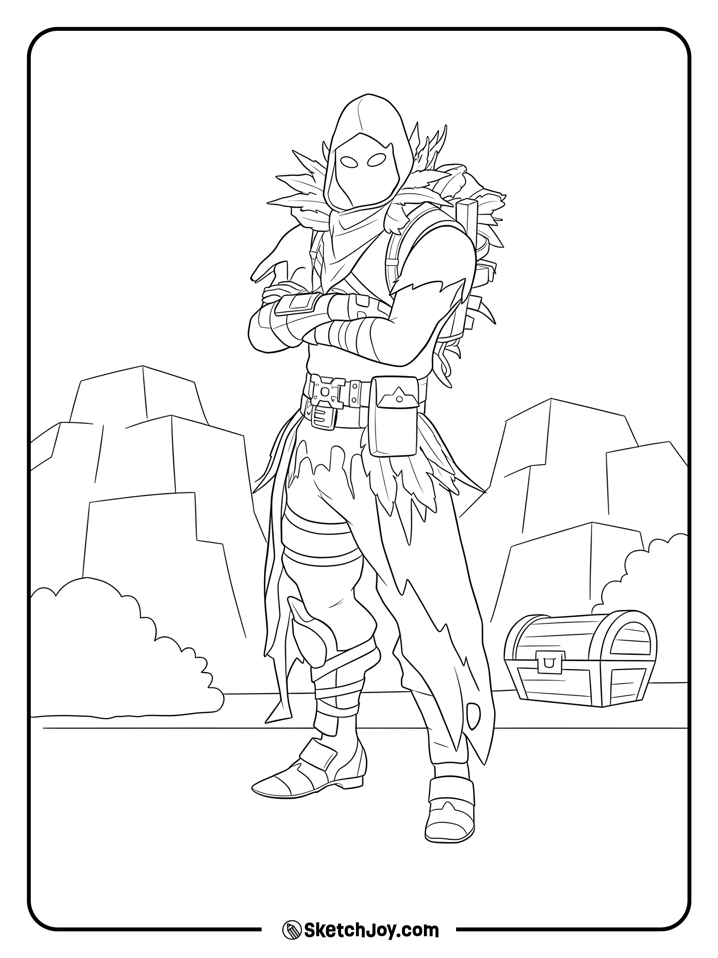 The hooded shadow stands with folded arms near a quiet loot chest among rocky cliffs.