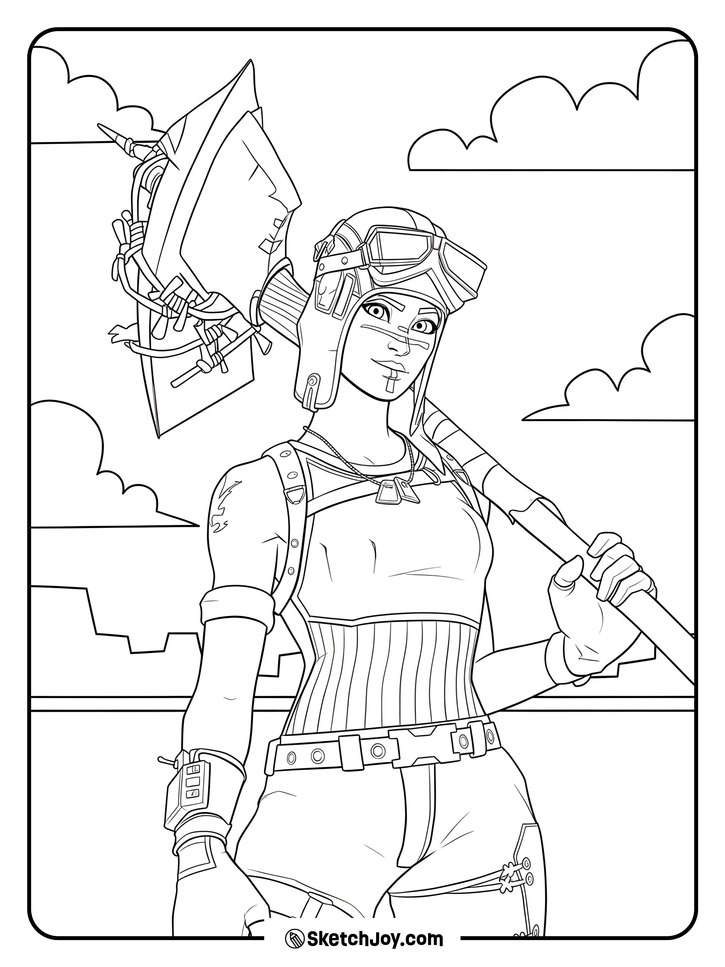 Renegade Raider stands proudly holding her large pickaxe weapon