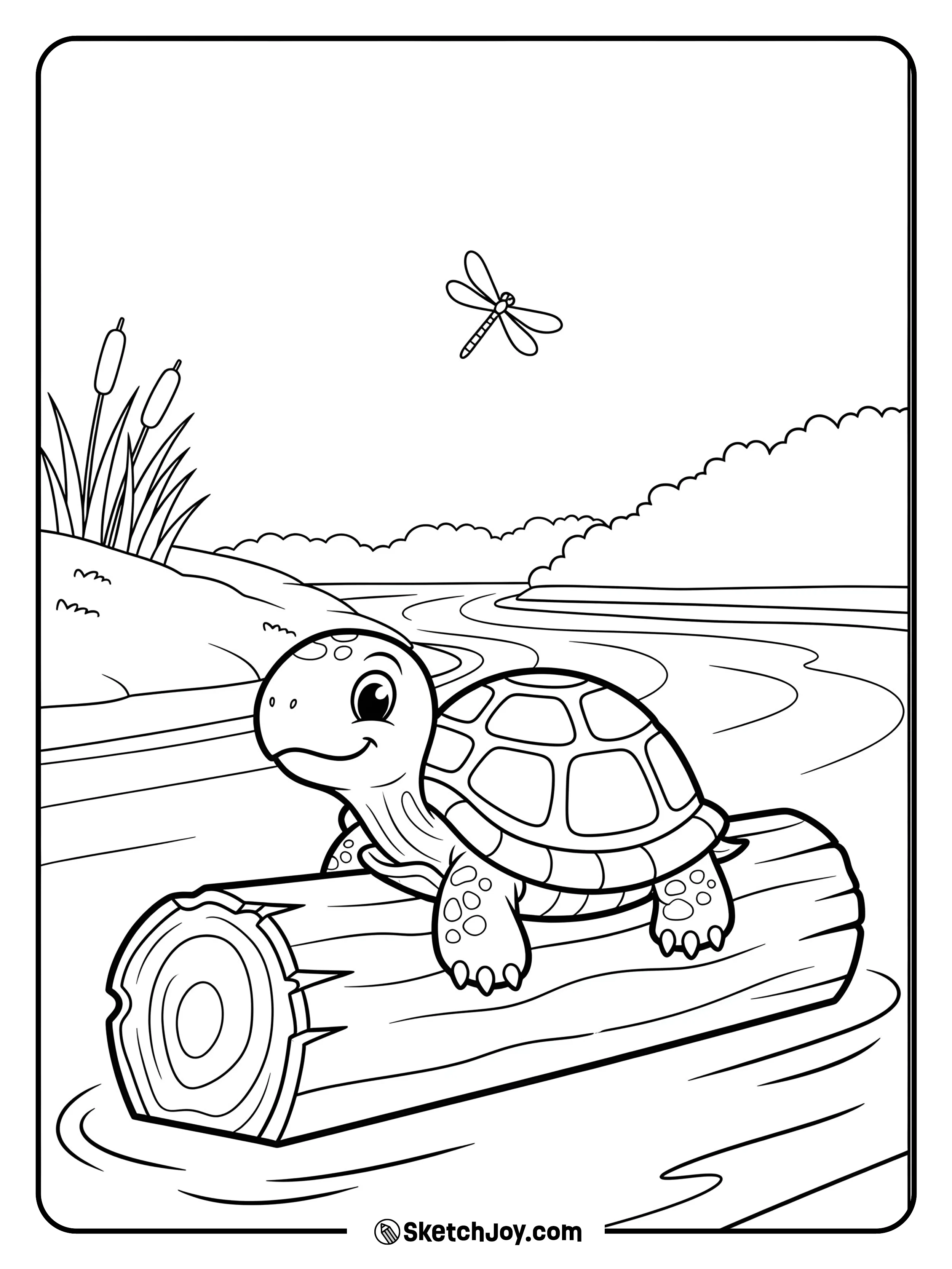 A pond turtle warms itself on a smooth log by the water