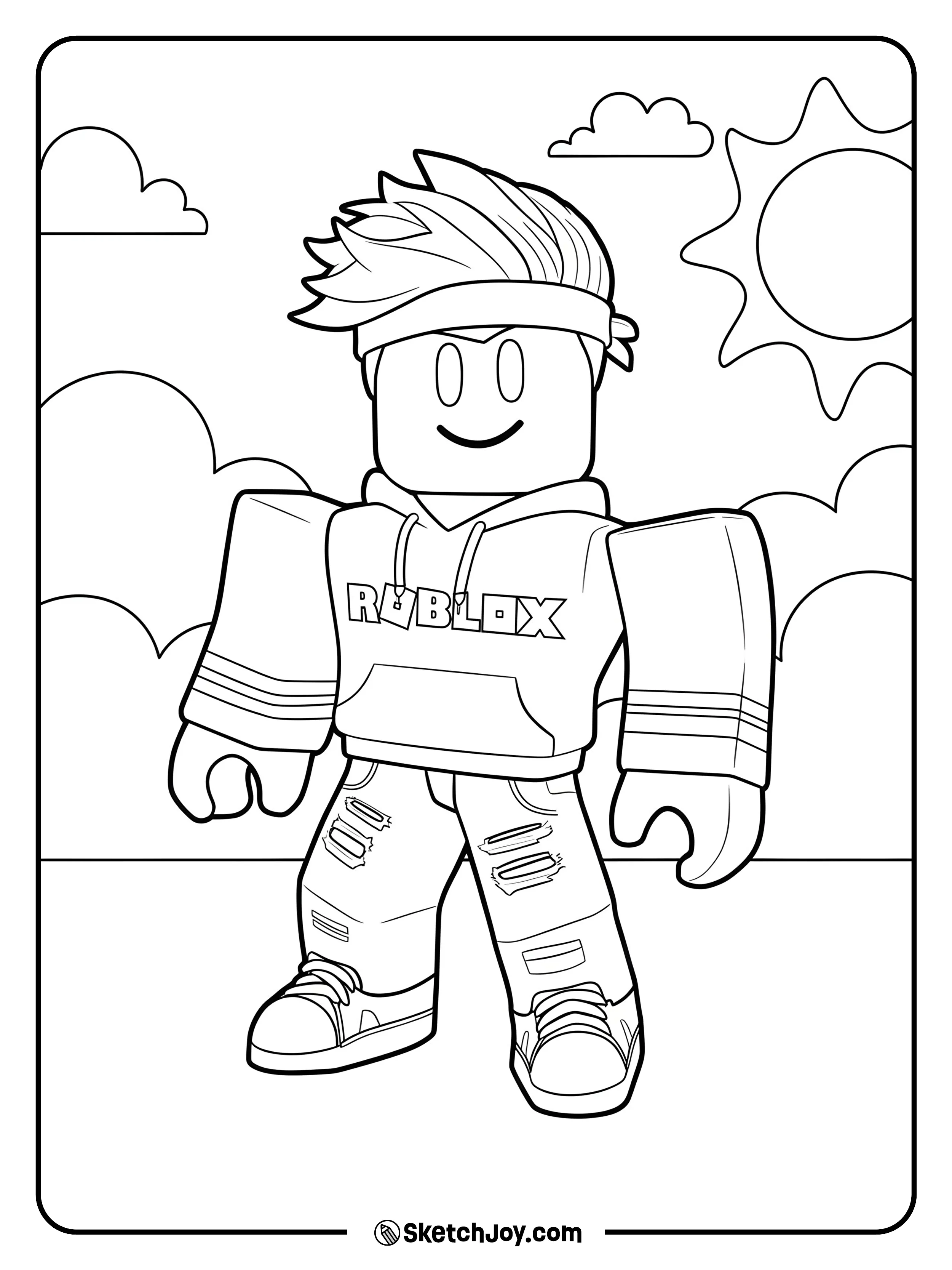 A cool Roblox avatar wearing a hoodie and ripped jeans stands under a bright sun