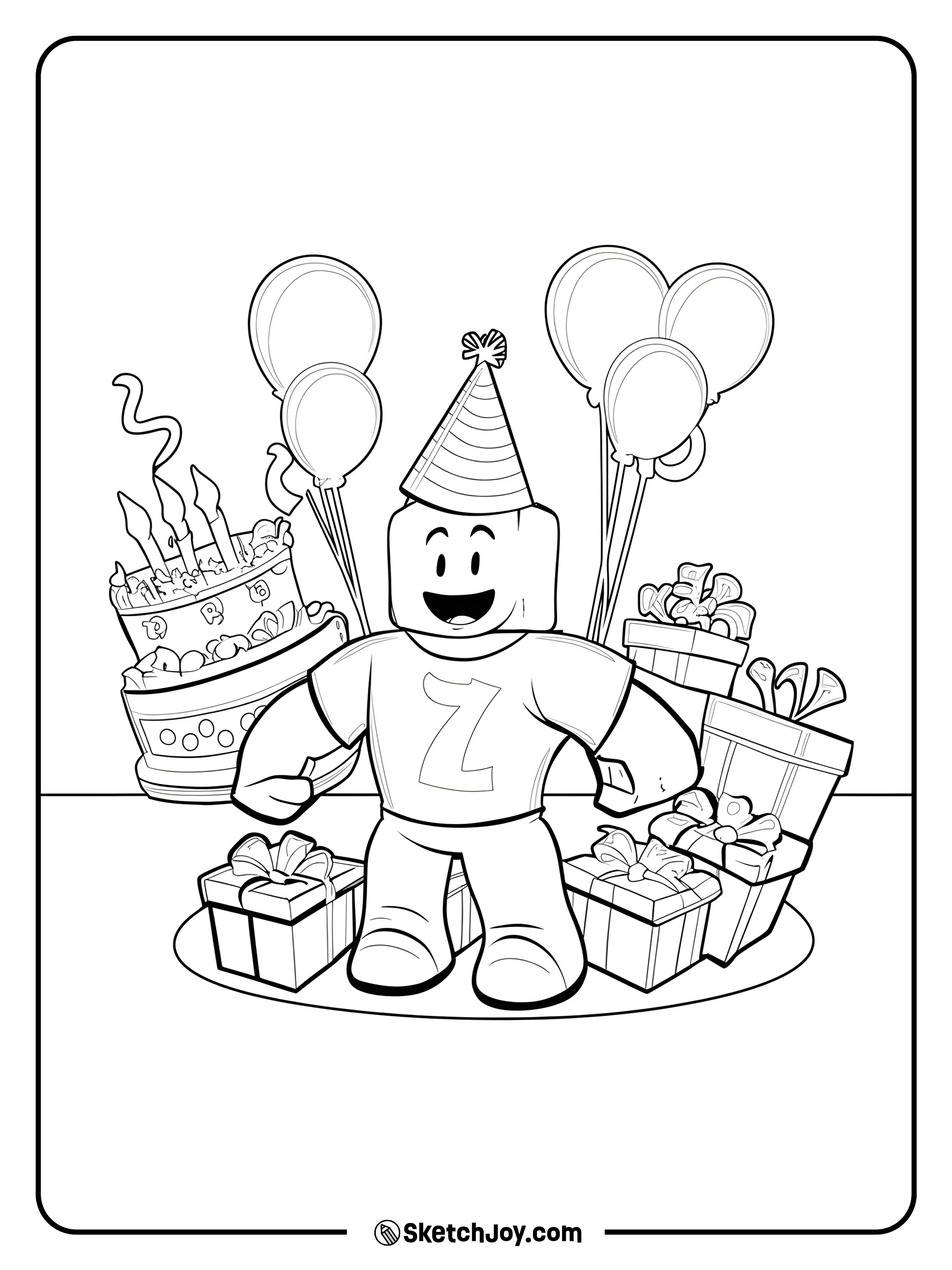A happy Roblox character wearing a party hat stands among balloons