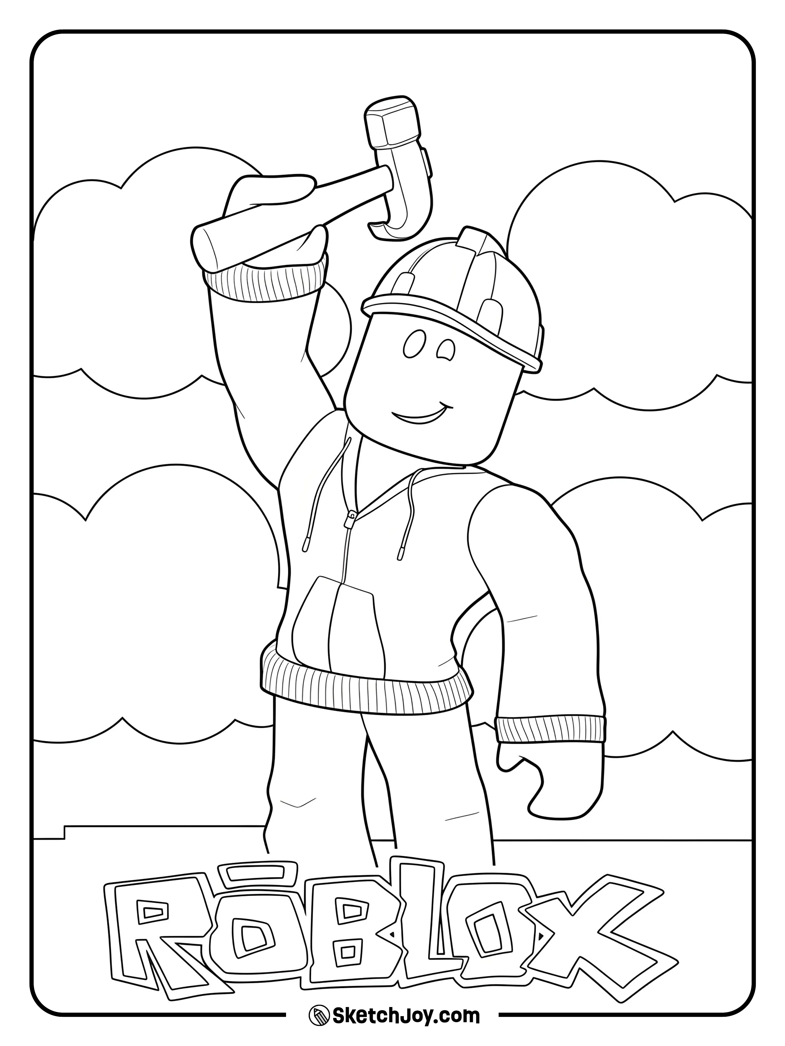 A cheerful construction avatar in a hardhat lifts a hammer