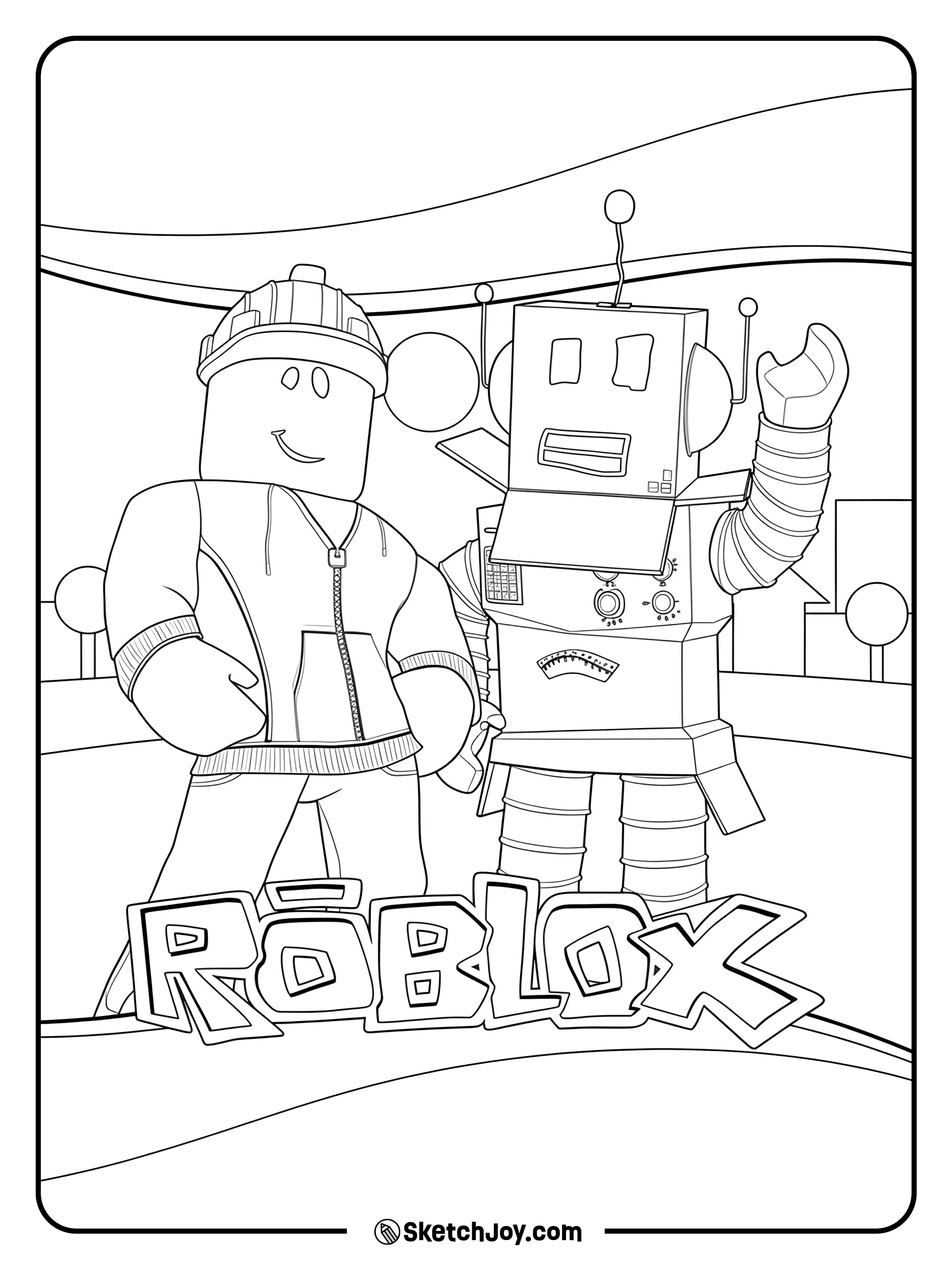 A smiling Roblox builder stands beside a friendly robot with city buildings