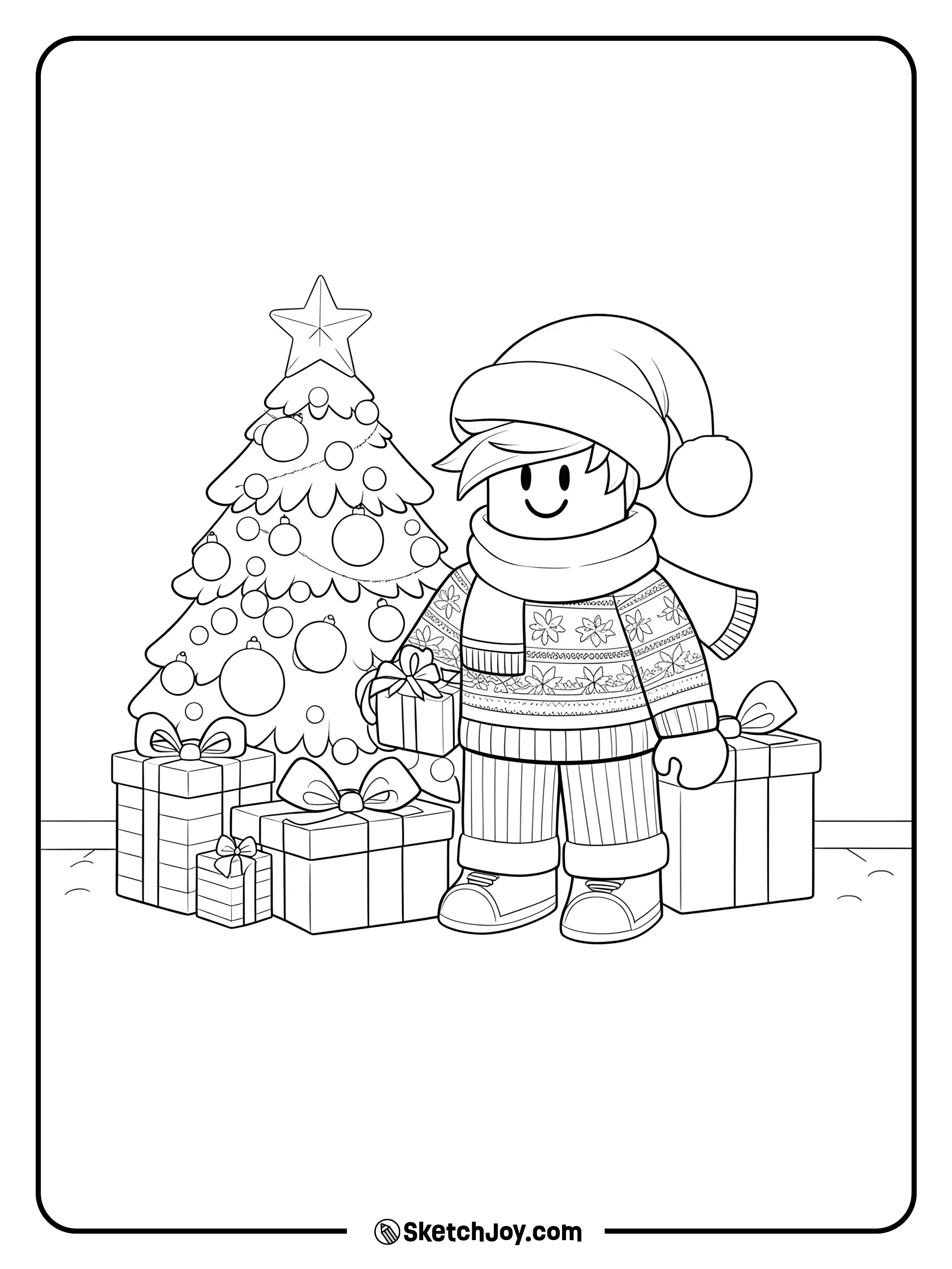 A Roblox character stands beside a decorated Christmas tree