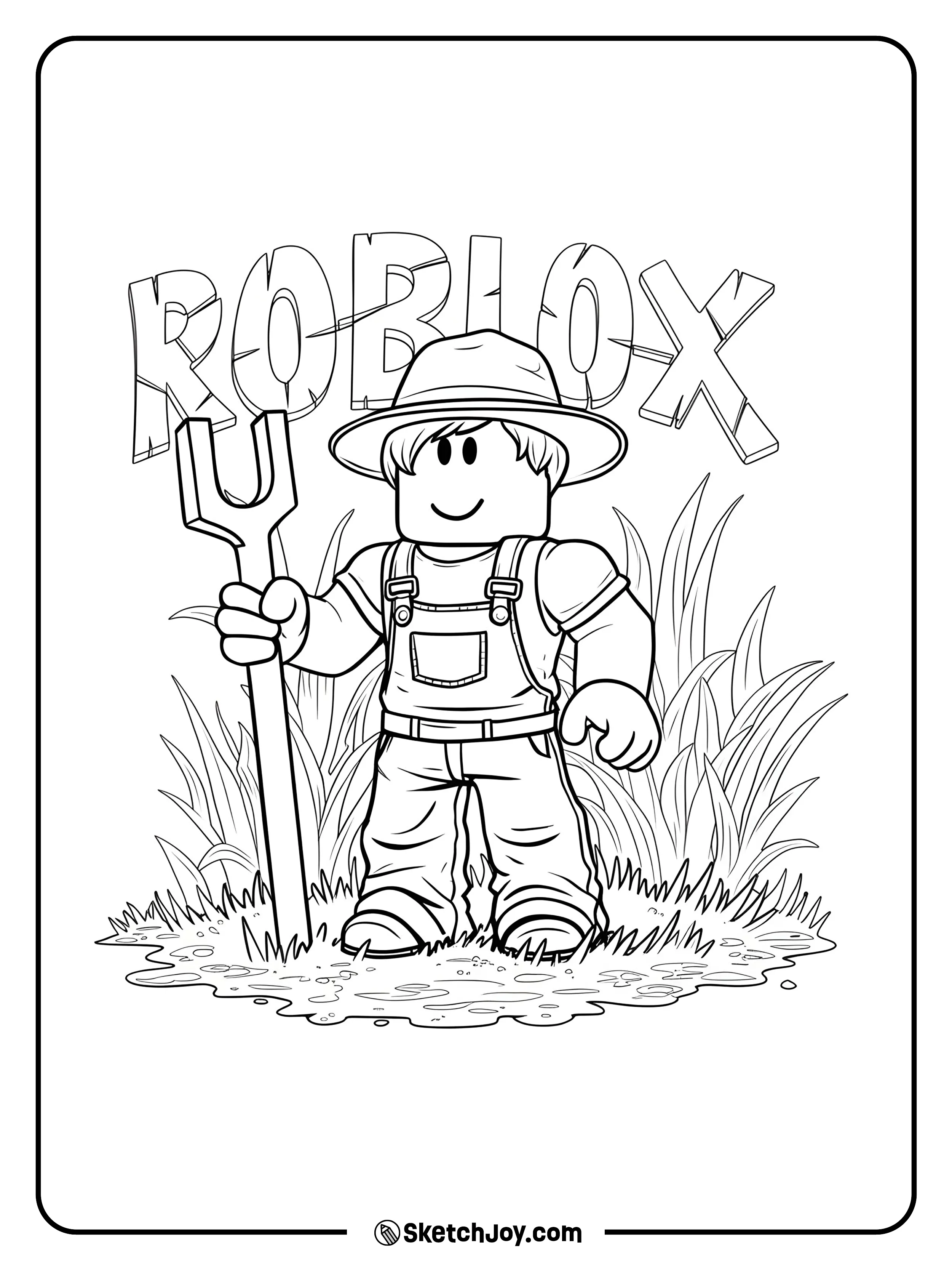 A happy Roblox farmer stands in a grassy field holding a pitchfork