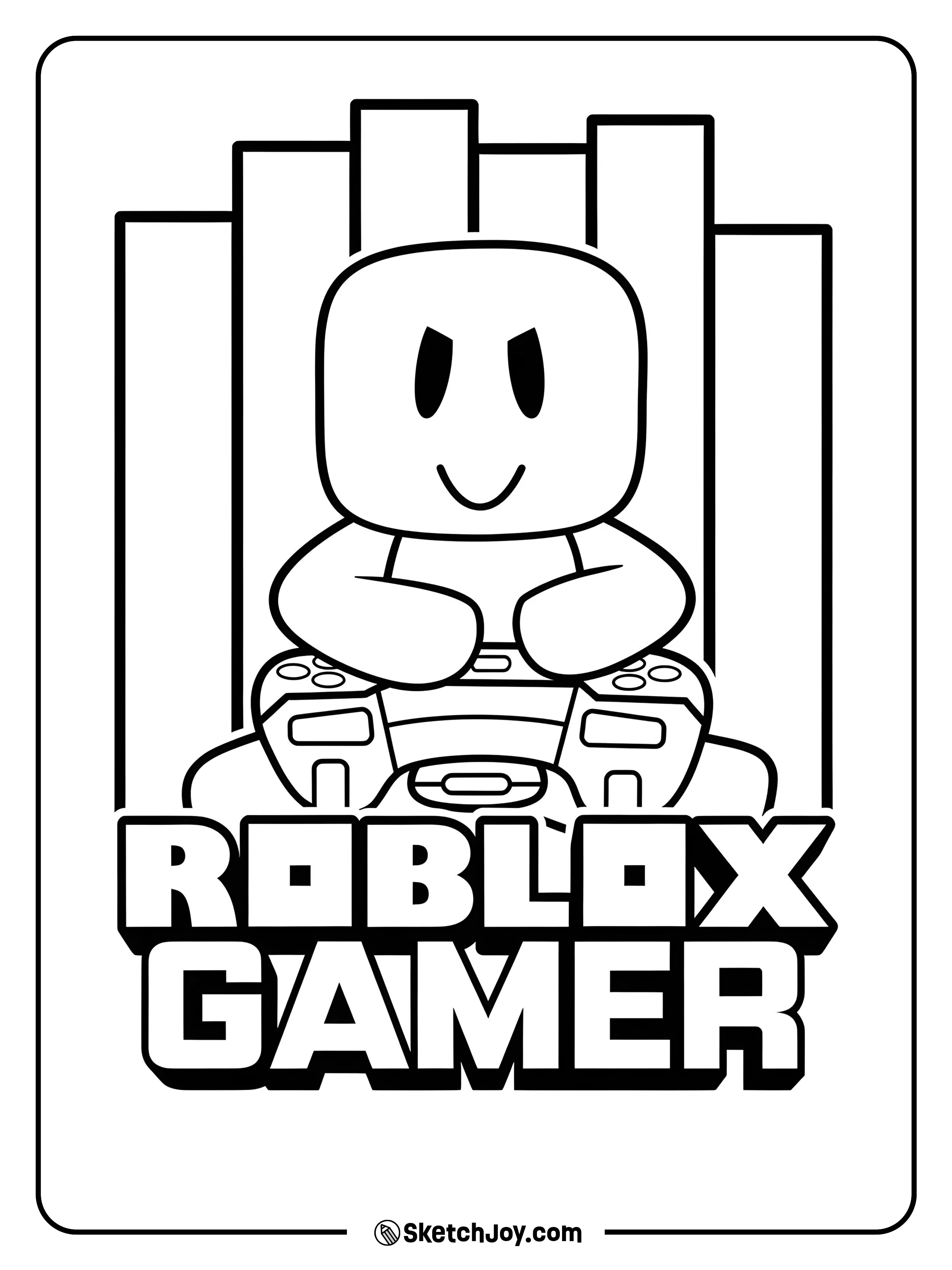 A smiling Roblox character sits with a game controller, ready to play