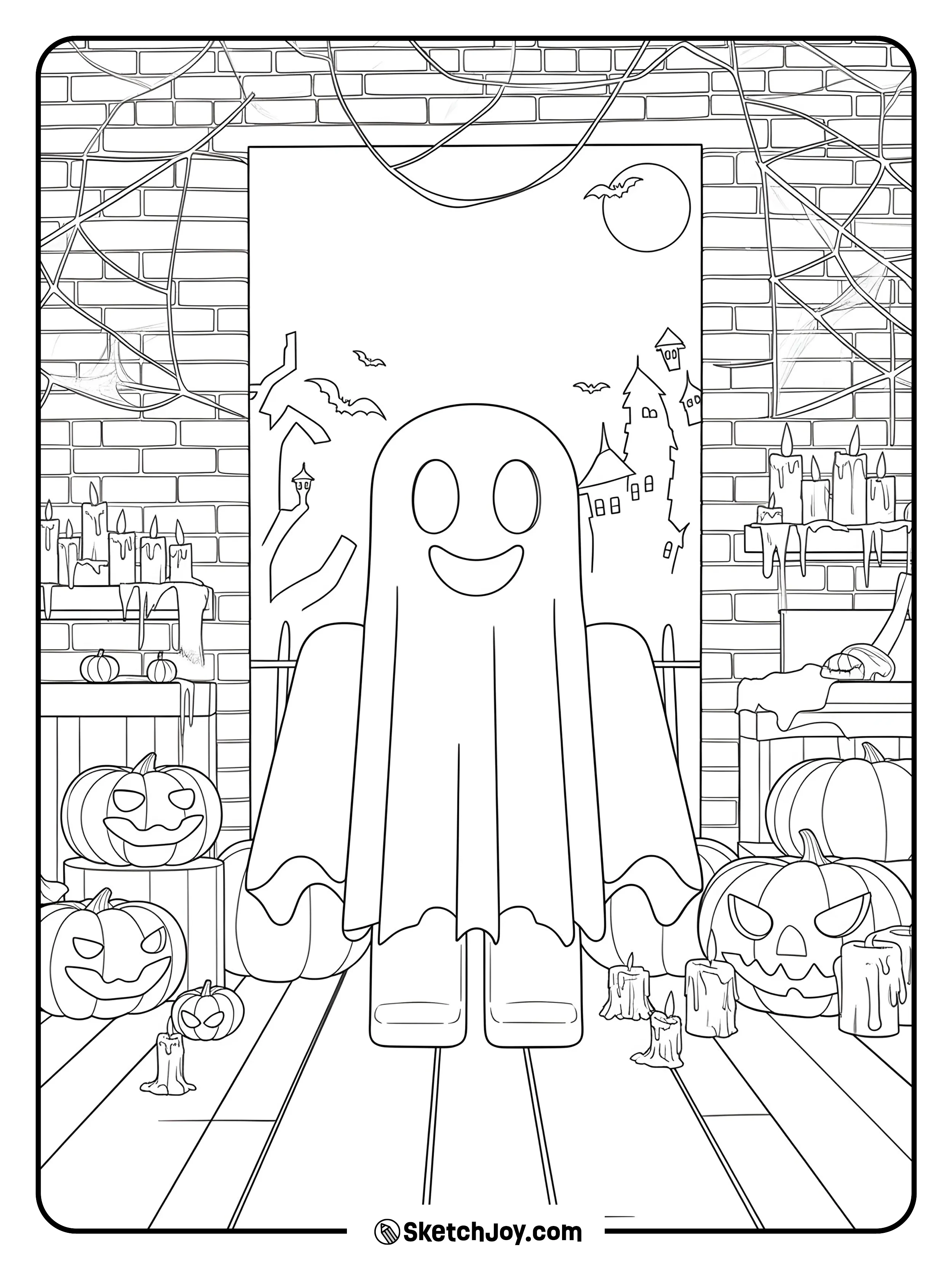 A happy Roblox ghost stands in a spooky room filled with pumpkins
