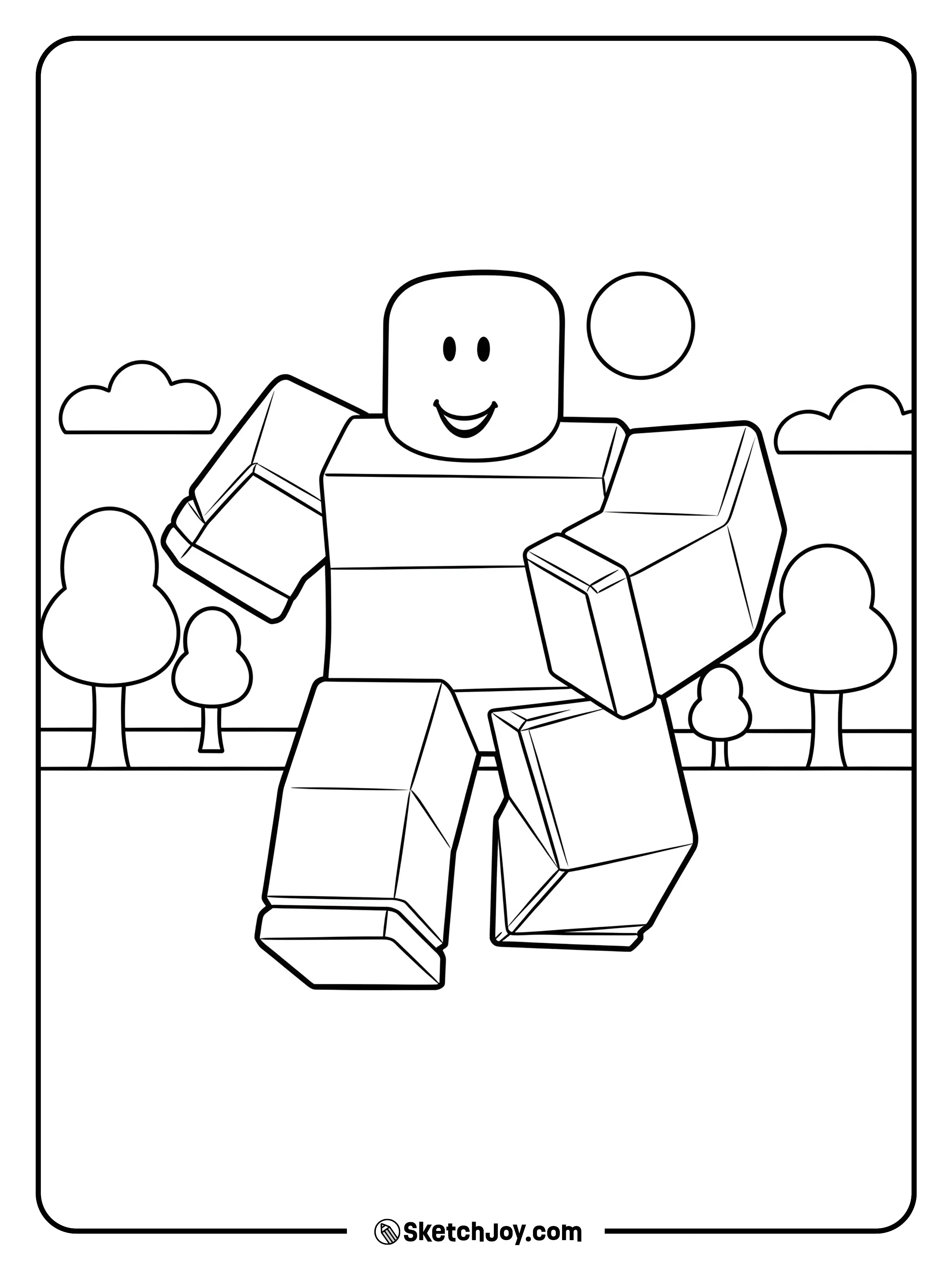 A smiling classic Roblox noob runs happily through a sunny park