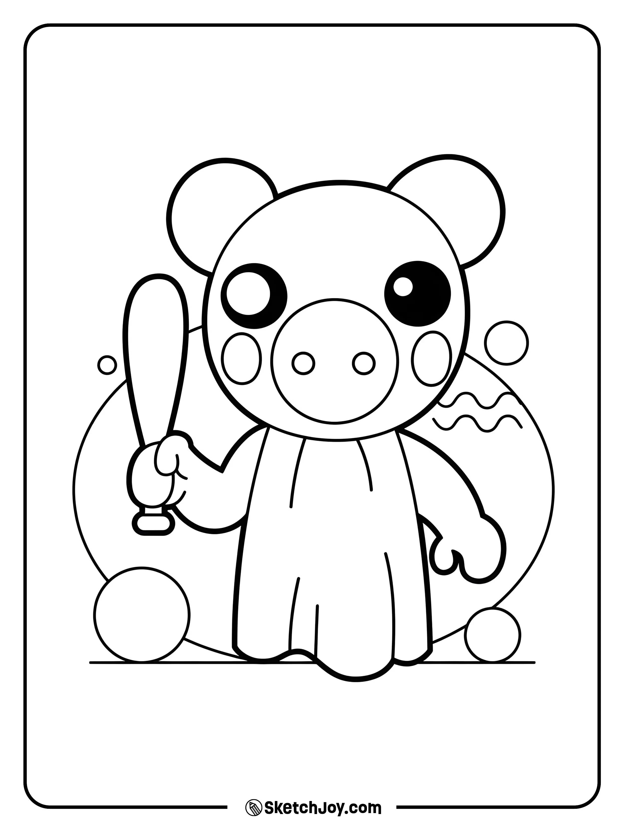 A Roblox Piggy character stands holding a bat