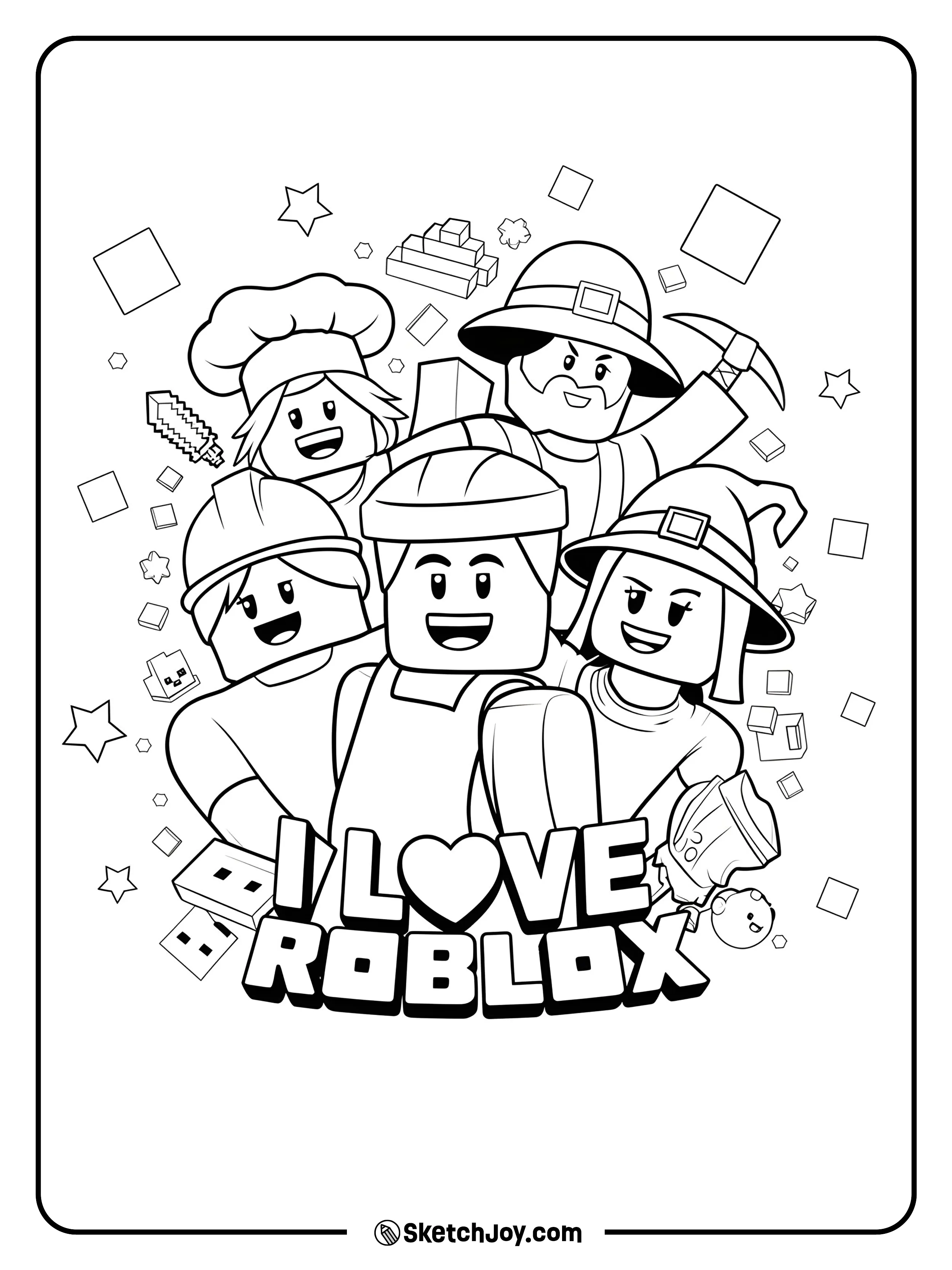 A group of happy Roblox characters from different roles