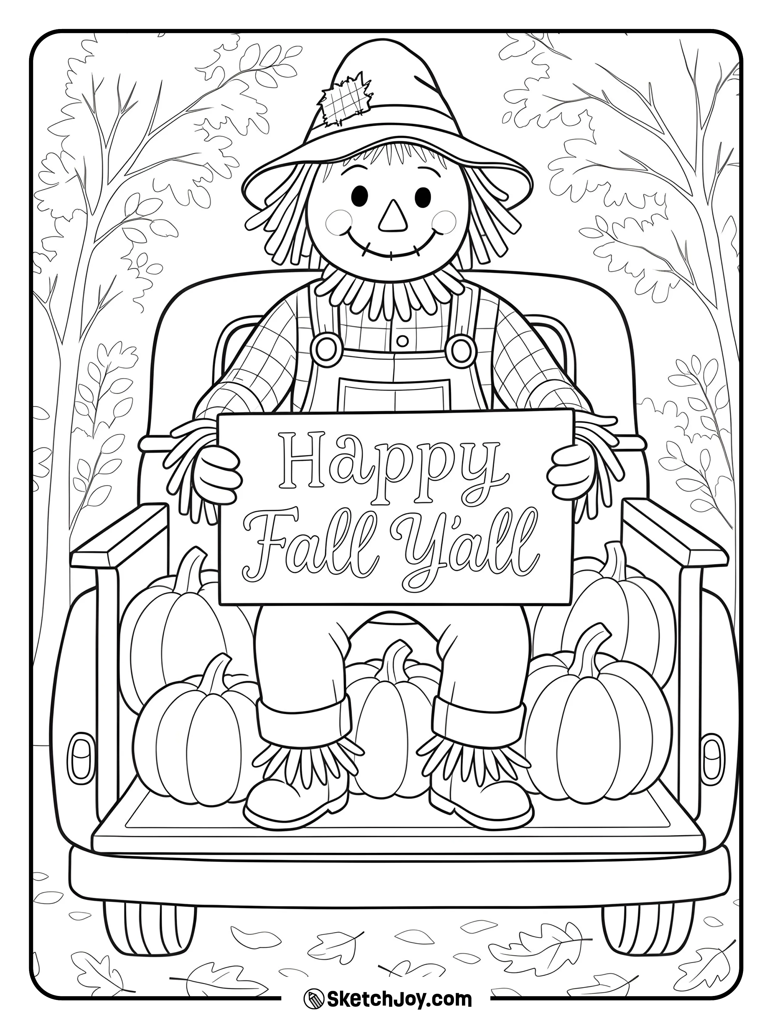 A friendly farm helper sits on a tailgate with a fall greeting and a bed full of pumpkins.