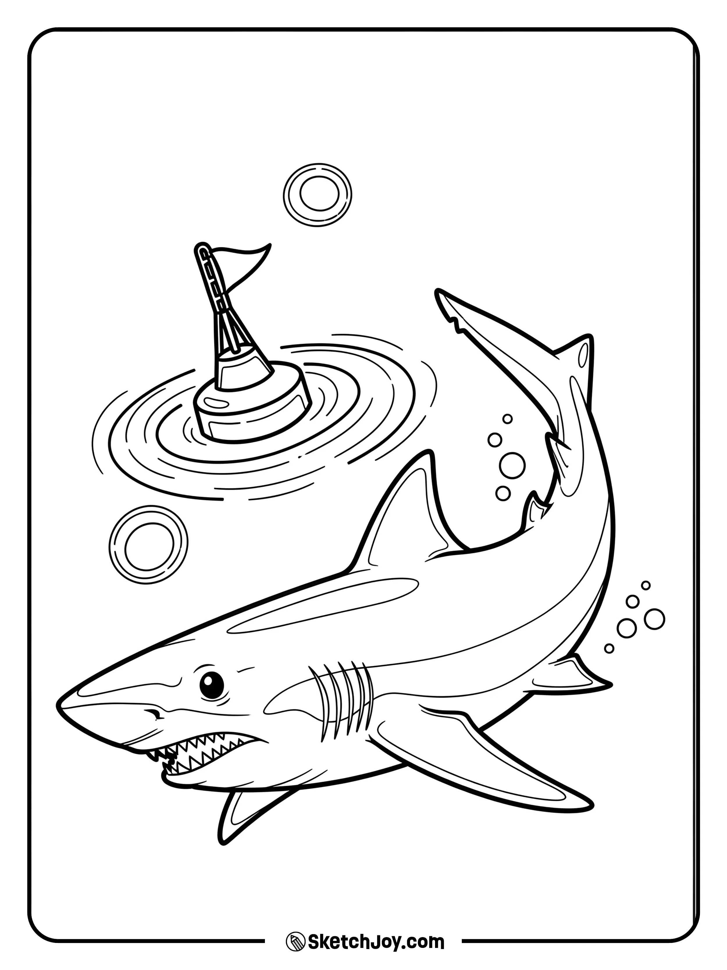 A mako zips near a simple ocean buoy.