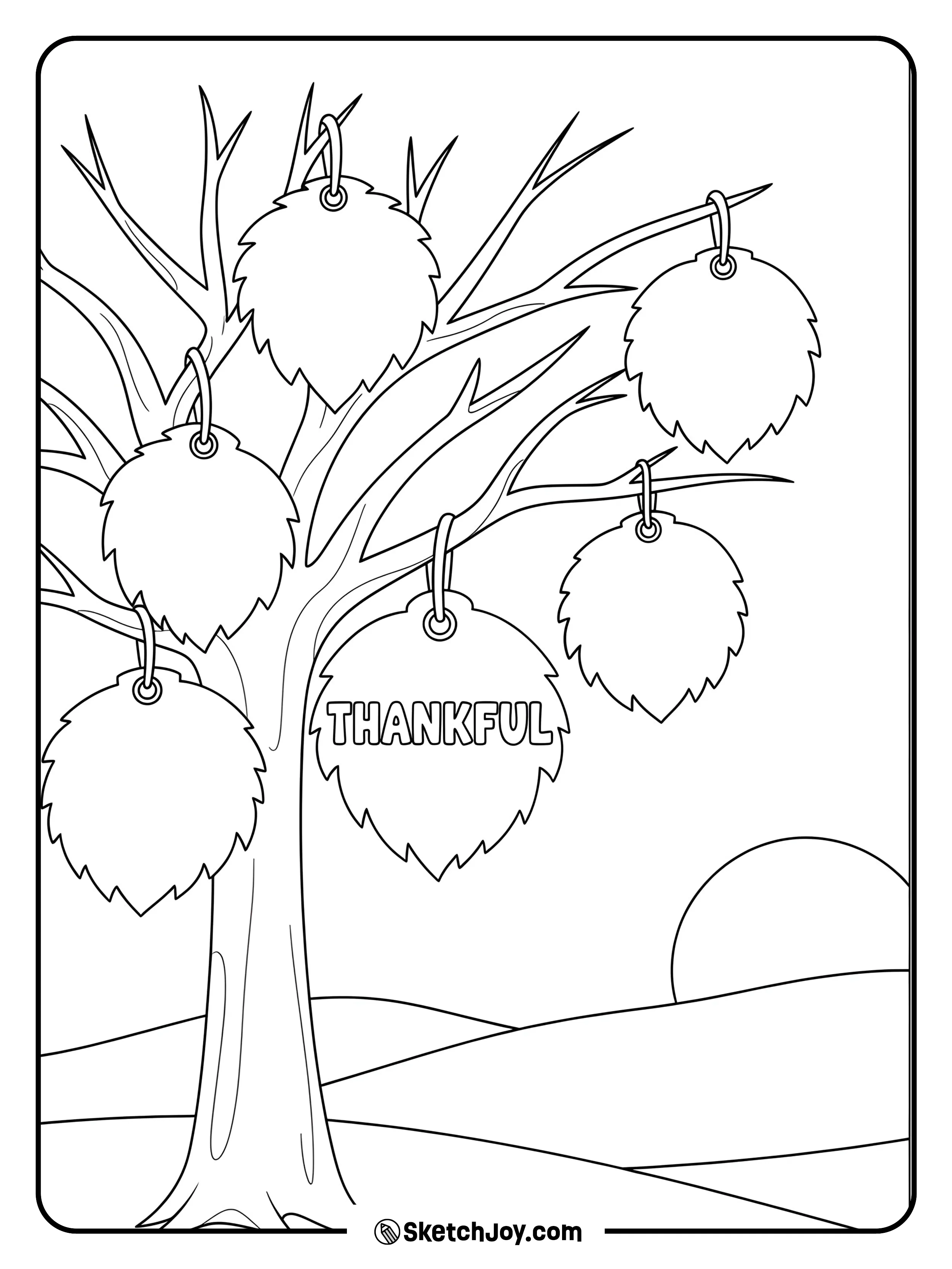 A bare tree with big leaf tags that say “thankful.”